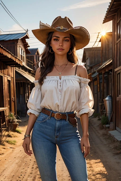 Uma linda mulher em estilo country, destacando-se em uma cidade faroeste. Sua pele bronzeada brilha sob o sol poente, olhos verdes radiantes, e cabelos castanhos ondulados caem suavemente sobre seus ombros. She wears a brown cowboy hat, uma camisa xadrez vermelha ajustada, jeans desbotados e botas de couro intricadamente bordadas.
She is on a dirt street surrounded by wooden buildings typical of the western. The local saloon has swinging doors and a porch where cowboys chat. The barbershop displays a rotating sign, and the blacksmith shop next door is active with the sound of hammering. Horses tied to wooden posts and a hay cart passing by complete the scene.. The golden light of the sunset lengthens the shadows and bathes the city in a warm glow, capturing the vibrant essence of the old west.