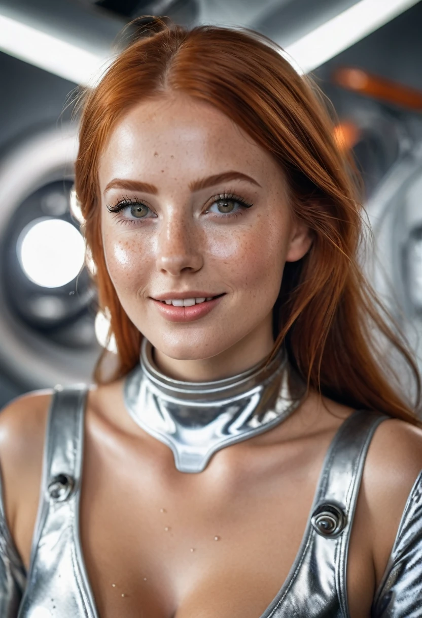 hyperrealistic beautiful busty 20-year-old woman with long legs wearing classic 1960s silver astronaut spacesuit outfit, model shooting full body photography, natural redhead long straight hair, freckles, soaky wet skin, dark eye makeup with eyeliner, seductive smile, small necklace, 8K, Best quality, Meisterwerk, ultra high resolution, (Realismus: 1.4), Originalfoto, (realistische Hautstruktur: 1.3), (Filmkorn: 1.3), (Selfie-Winkel), 1 girl, Beautiful round hazel eyes and facial details, Meisterwerk, Best quality, indoor photography