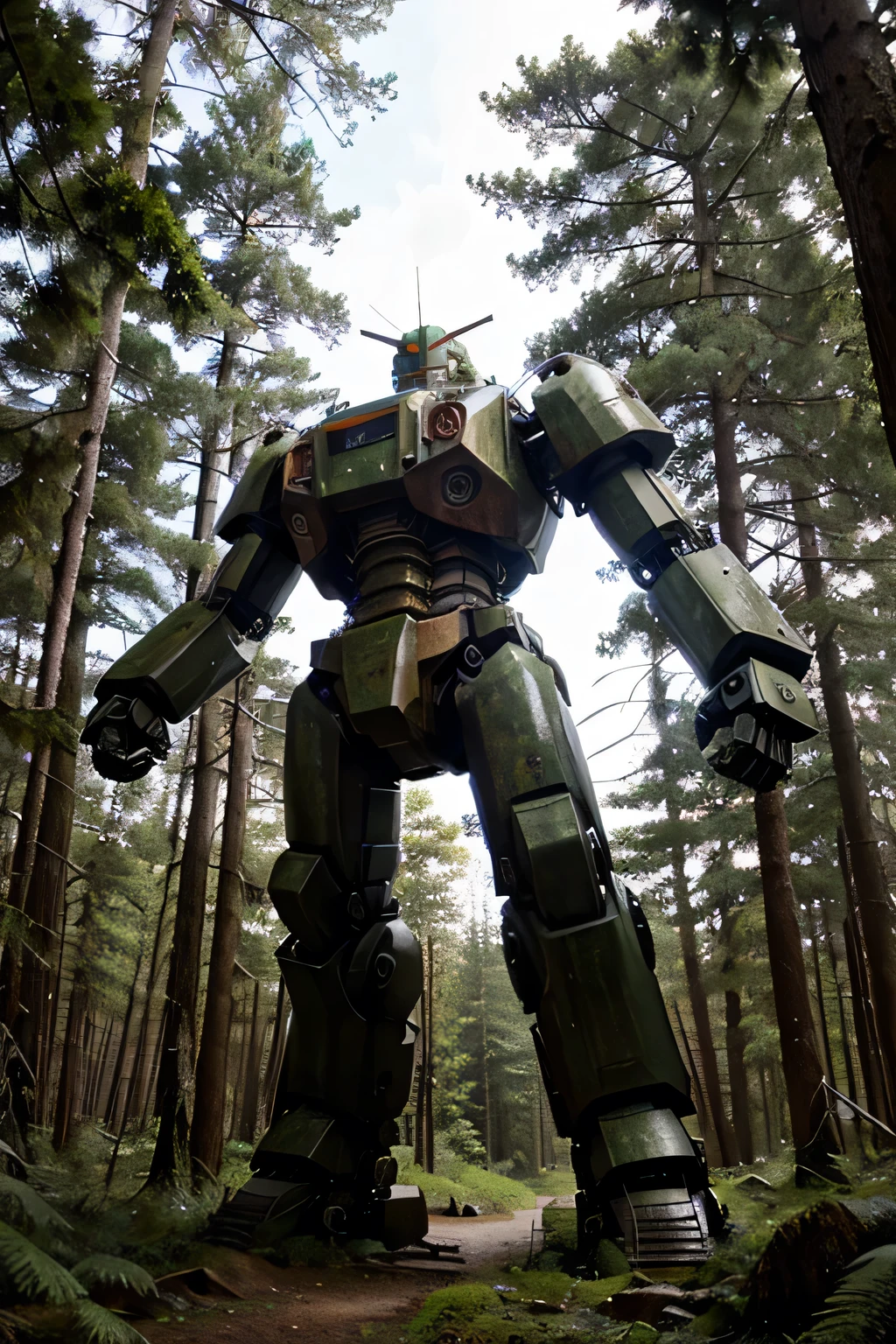 giant robot 8 meters tall, semi-rusty with moss on its atria, towering in the middle of the forest