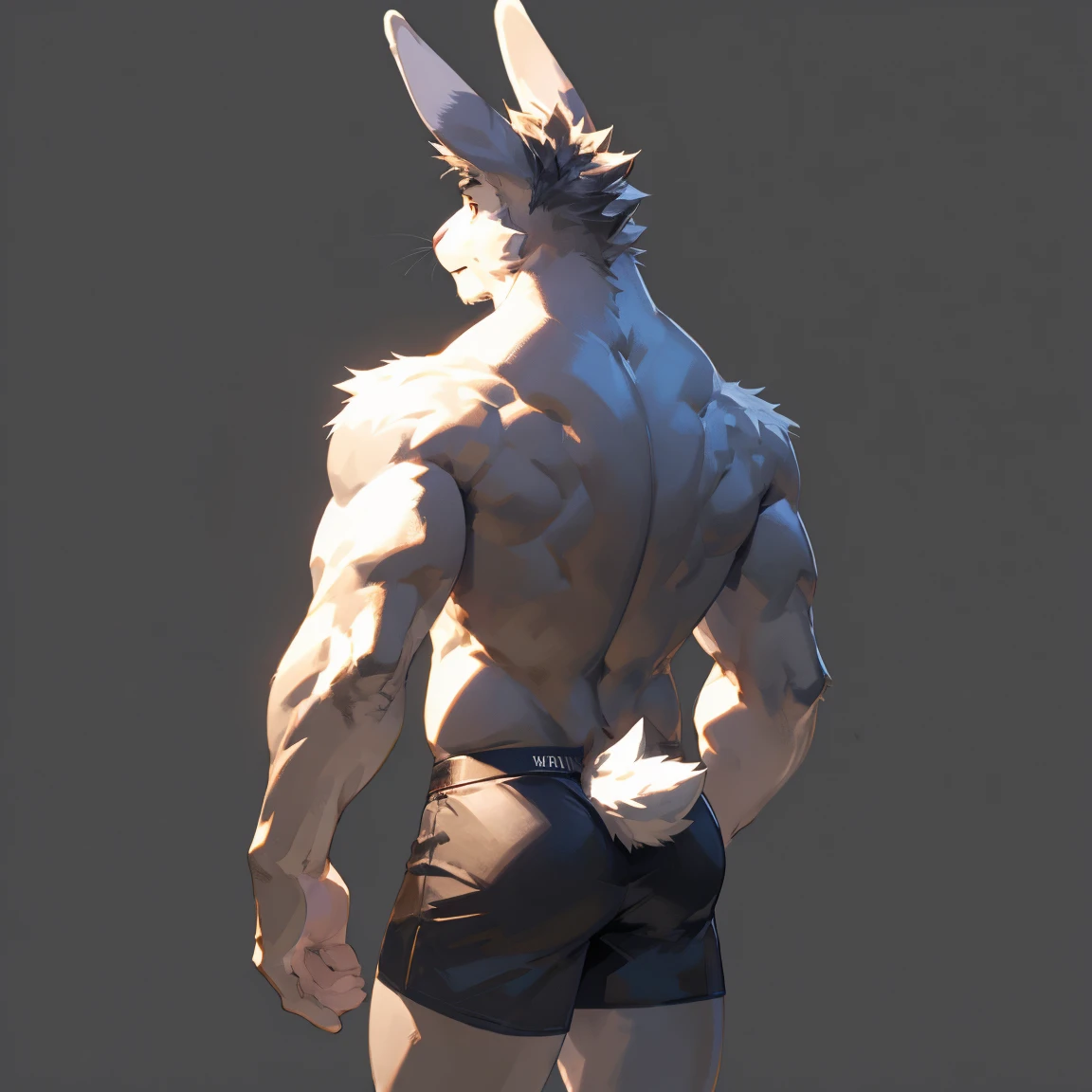 Solo, male, Medium muscular, rabbit, light gray, light gray rabbit, rabbit in underwear, black underwear, underwear, long ears, from back, back view, posing, with short tail, tail, rabbit tail, bunny, bunny tail, butt, perfect anatomy, male anatomy, perfect body, ((focus body, furry focus, shadows focus, body shadows)) nice body, standing, posing, model, light, shades, 4k, high quality (((gray background, gray wallpaper, one color))), by darkgem, by mystikfox61