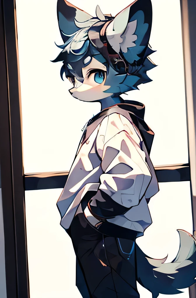The Mystical Beasts of Shanhaijing,hairy,hairy,There are two pairs of blue horns on the head,White sweatshirt,Black jeans,Q version,Cute boys,13-year-old boy,Minimalist art style,Cartoon Style,blue eyes,hapiness,front,hairy fluffy deer tail,Big tail blue gradient tail tip white,In the bedroom,Standing on the ground