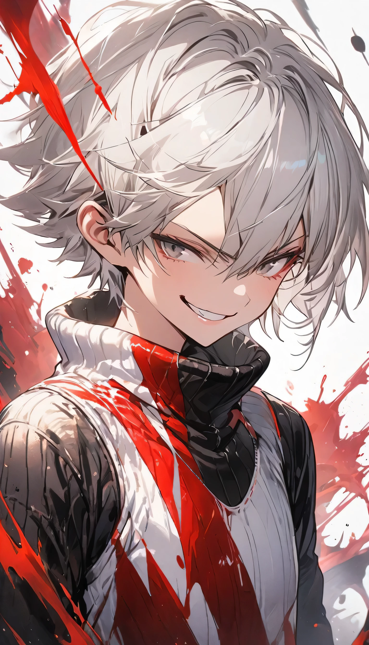 , smirk, slender body, ((boyish hair, very short silver hair )), knitted onepiece dress long sleeves, standing, upper body shot, red paint splash:1.5