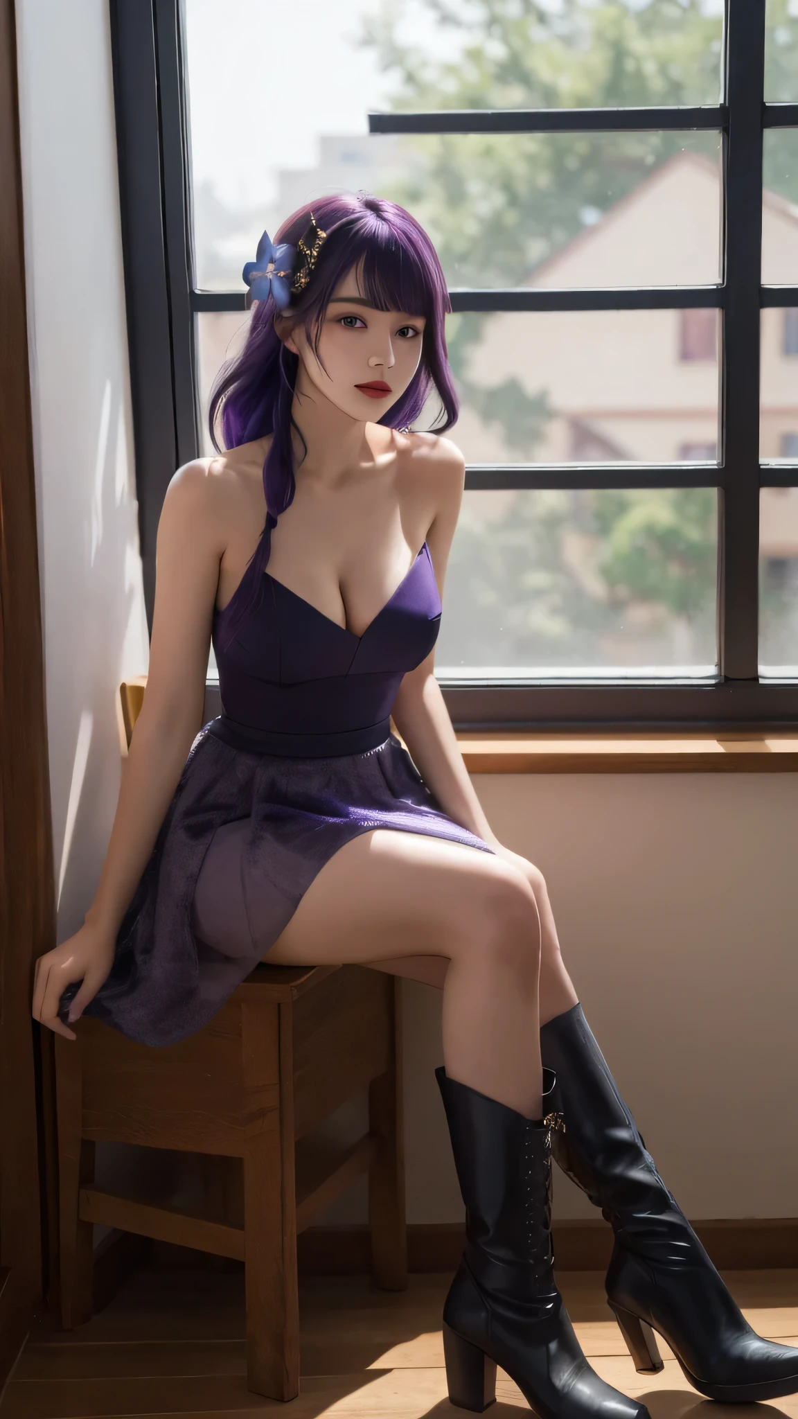 tmasterpiece, Ultra-fine fur, better lighting, better shade, Raiden general,1 plump girl, Raiden general, mediuml breasts, a skirt, Purple colored hair, Alone, Long gray hair, Large breasts, a purple eye, woven, view the viewer, braidedponytail, hair adornments, Sleeveless, hairflower, Black dress, The shirt, Indoors, blossom flower, , through bangs, exposed bare shoulders, window, upper legs, Moles under the eyes, purple evening dress,black long boots
