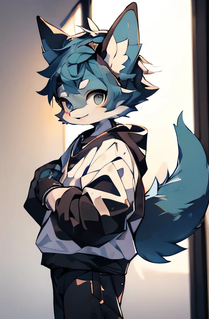 The Mystical Beasts of Shanhaijing,hairy,hairy,There are two pairs of blue horns on the head,White sweatshirt,Black jeans,Q version,Cute boys,-yeld boinimalist art style,Cartoon Style,blue eyes,hapiness,front,hairy fluffy deer tail,Big tail blue gradient tail tip white,In the bedroom,Standing on the ground
