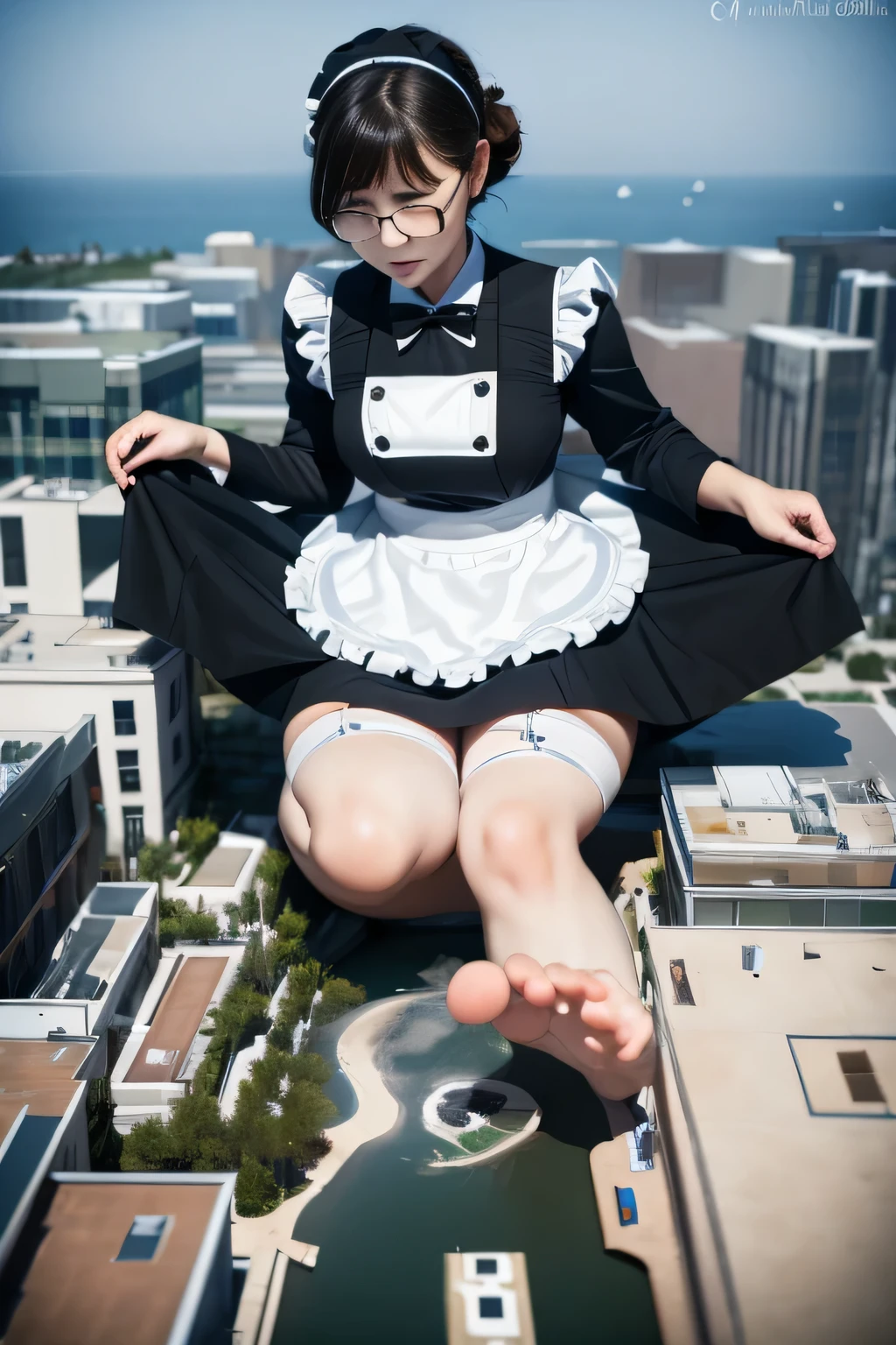 giantess art, highly detailed giantess shots, giantess, Two legs, Five fingers, short hair, A beautiful girl who is bigger than any skyscraper, Wearing rimless glasses, Big Breasts, Maid clothes, Black Pantyhose, black pantyhose, no shoes on, toes visible through pantyhose, Steam coming out from the soles of the feet, A very small big city, Miniature metropolis, Full body description, GTS, giga giantess, stomping city, crash city, tiny city, micro city, pantyhose feet, High resolution, highest quality, masterpiece, Maid, maid, 