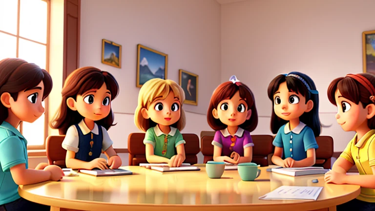 Six women, their faces beaming with perfection and joy, are sitting around a table, each reading a book. The room is filled with 8k luminescence, and the pure white background is impeccably clean and vivid, reminiscent of a movie cover. A photographic masterpiece, every detail has been meticulously captured, with every expression and carefree stroke of small hands painstakingly rendered. The children work harmoniously with unwavering focus as the promise of a bright future sparkles in their eyes. A scene that proves unchanging bonds