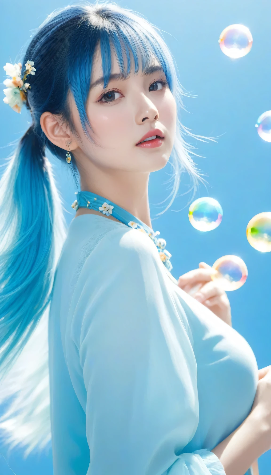 (masterpiece), (best quality), (Super detailed),(disheveled hair),(illustration), (1 girl), (fashion clothing), permanent, fashion model, looking at the audience, (interview), (Simple background),Beautiful and delicate eyes, Exquisite and beautiful face, floating,(high saturation),(colorful splash),Colorful bubbles,(shining), focus on face, ponytail, Ayaka Uesou, light blue hair, Bangs, hair ring, floating flowers, floating hair, (shining), best lighting, best shadow,