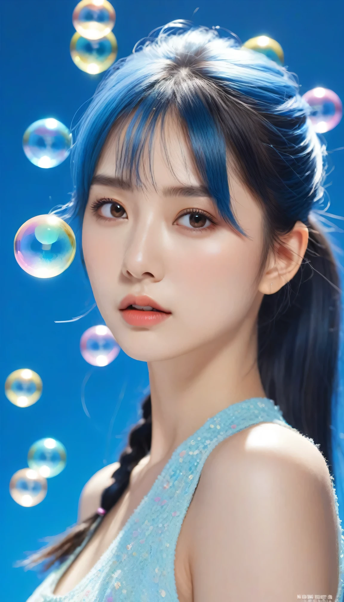 (masterpiece), (best quality), (Super detailed),(disheveled hair),(illustration), (1 girl), (fashion clothing), permanent, fashion model, looking at the audience, (interview), (Simple background),Beautiful and delicate eyes, Exquisite and beautiful face, floating,(high saturation),(colorful splash),Colorful bubbles,(shining), focus on face, ponytail, Ayaka Uesou, light blue hair, Bangs, hair ring, floating flowers, floating hair, (shining), best lighting, best shadow,