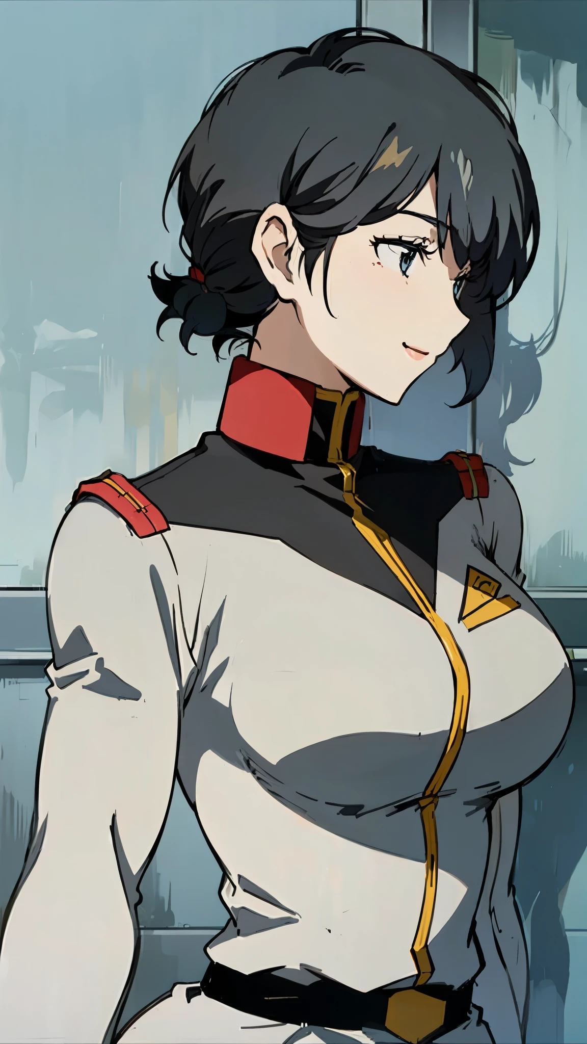 Large Breasts、uniform、operator、smile、profile、Upper Body、Black Hair、Shortcuts