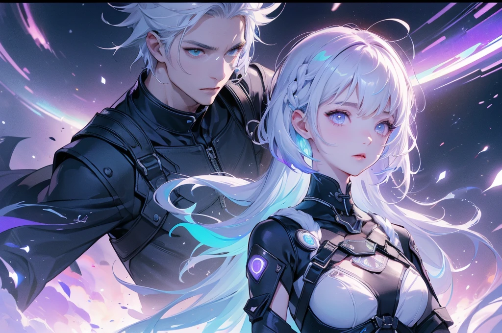 highest quality、最高masterpiece、Detailed eyes、Official Art、Award-winning works、The best composition、Well-balanced fluorescent colors、Neon Line、Confused、Male and female couple、highest quality、masterpiece、Official Art、16k、The best configuration、The best light source、The girl has milky white hair with purple inner hair., twin long braids, Cyberpunk style black clothing.、(((The man has milky white short hair)))、White and light blue cyberpunk,They gaze lovingly at each other.、A kind smile、Reunion after a long time、departure、