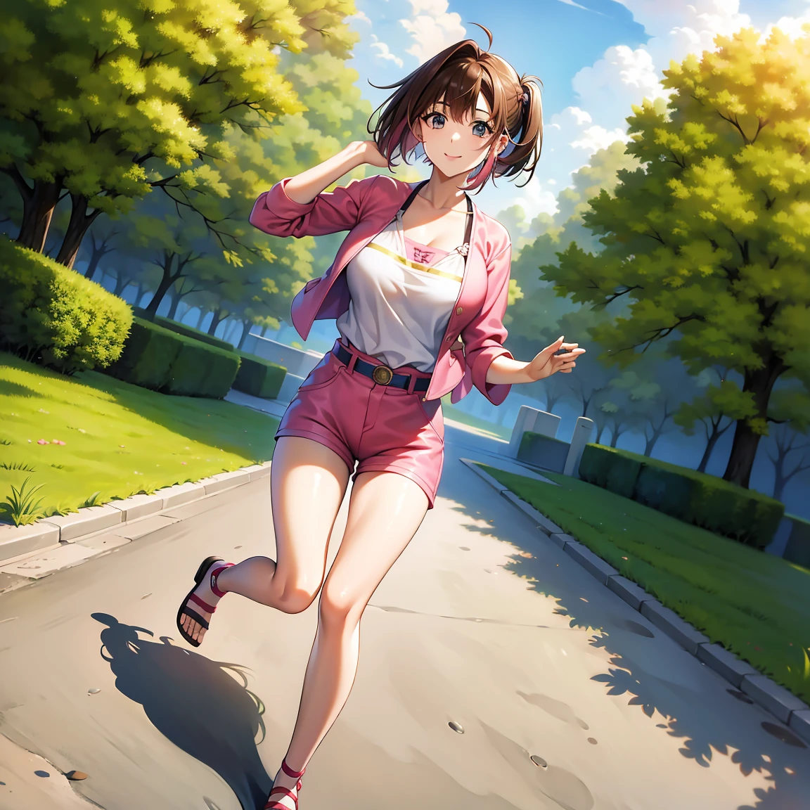 obra maestra, mejor calidad, high resolution, amazake, (pelo de antena:1.2), sonrisa, Ombligo pechos enormes Mazaki Anzo Kyoko Masaki / yu ji oh! Cyan eyes Bright yellow bra pink jacket pink shorts earrings closed mouth sonrisa belt, pulsera, muslos blancos, tacones altos, focus full body,