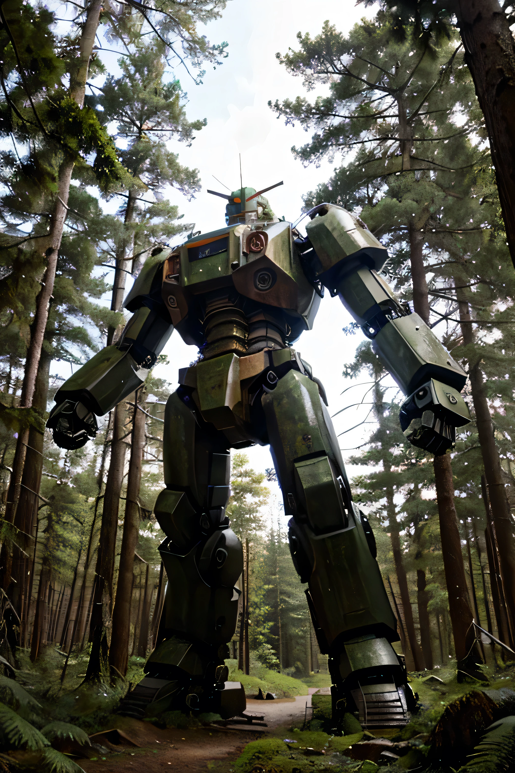 giant robot 8 meters tall, semi-rusty with moss on its atria, towering in the middle of the forest