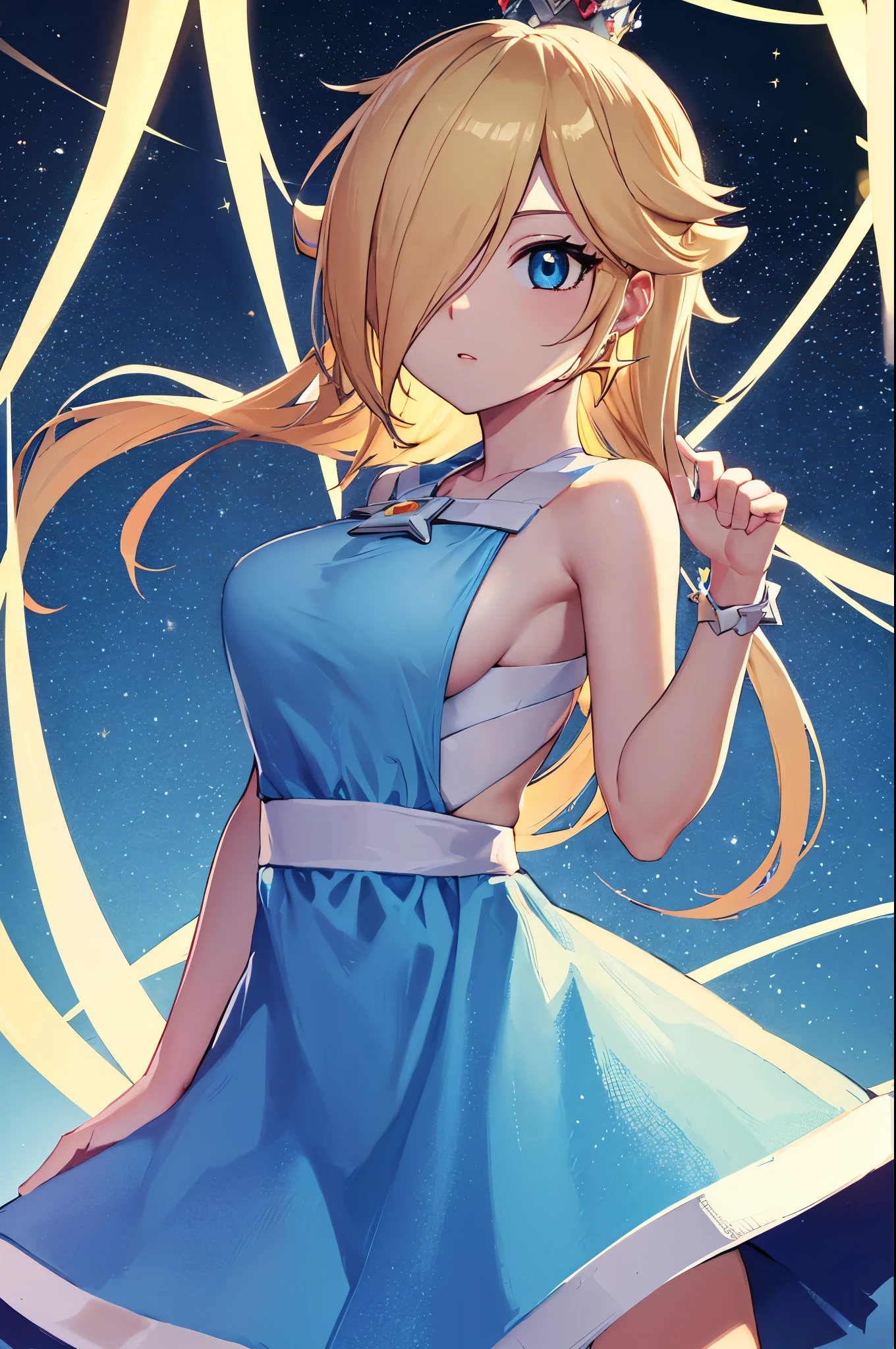 Rosalina, Rosalina, Blonde hair, blue eyes, hair over one eye, long hair, blue bikini BREAK, high waist panties, crown, dress, earrings, jewelry, princess, cape, star earrings, BREAK night, night sky, sky , star \(sky\), star \(symbol\), space, sun, BREAK looking at the viewer, (cowboy photo: 1.5), BREAK (art: 1.2), best quality, high resolution, 8k unity wallpaper , (art: 0.8), (beautiful detailed eyes: 1.6), extremely detailed face, perfect lighting, extremely detailed CG, (perfect hands, perfect anatomy),
