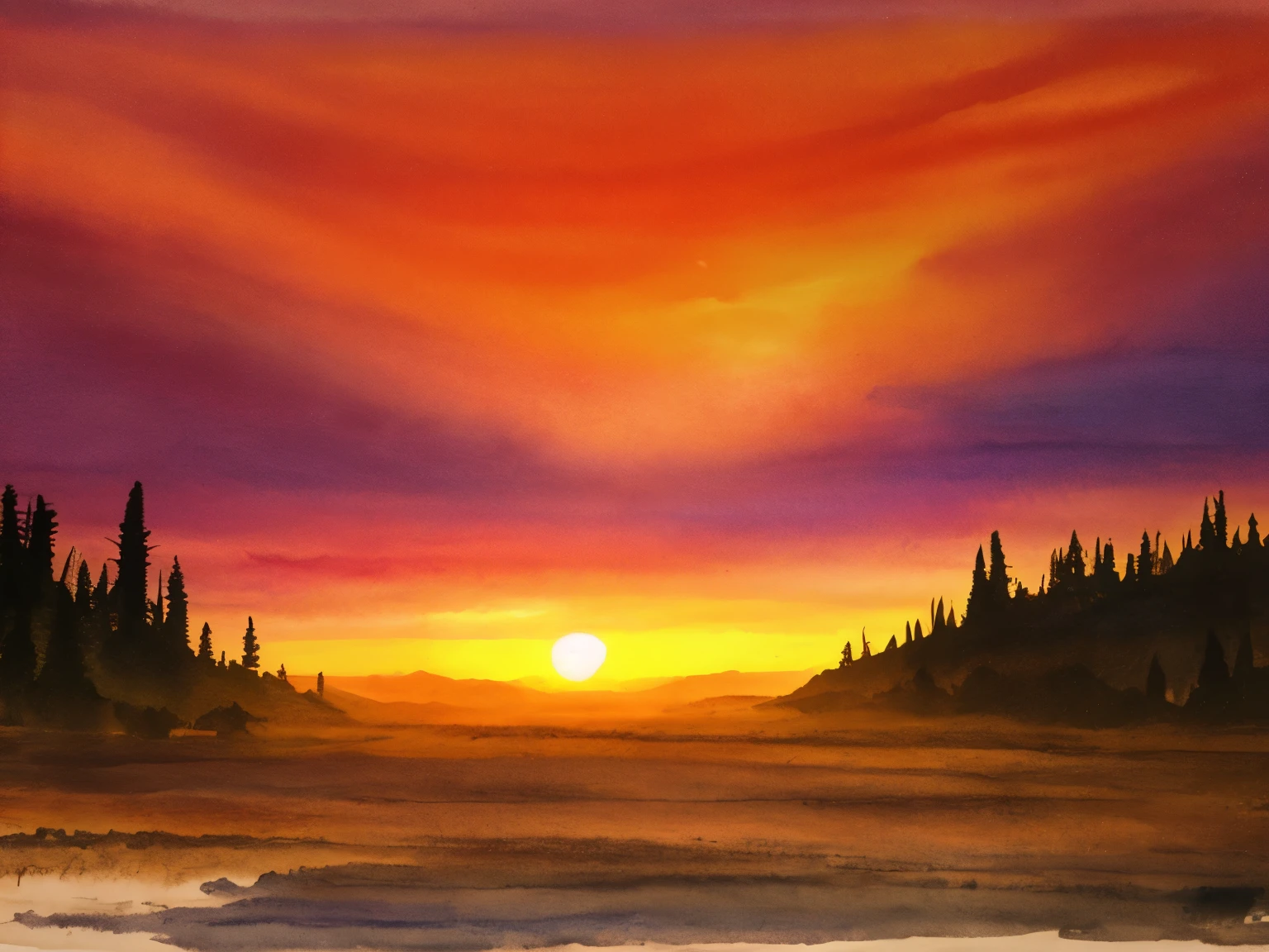 post-apocalyptic sunset at the end of the world of the new dawn aquarelle drawing