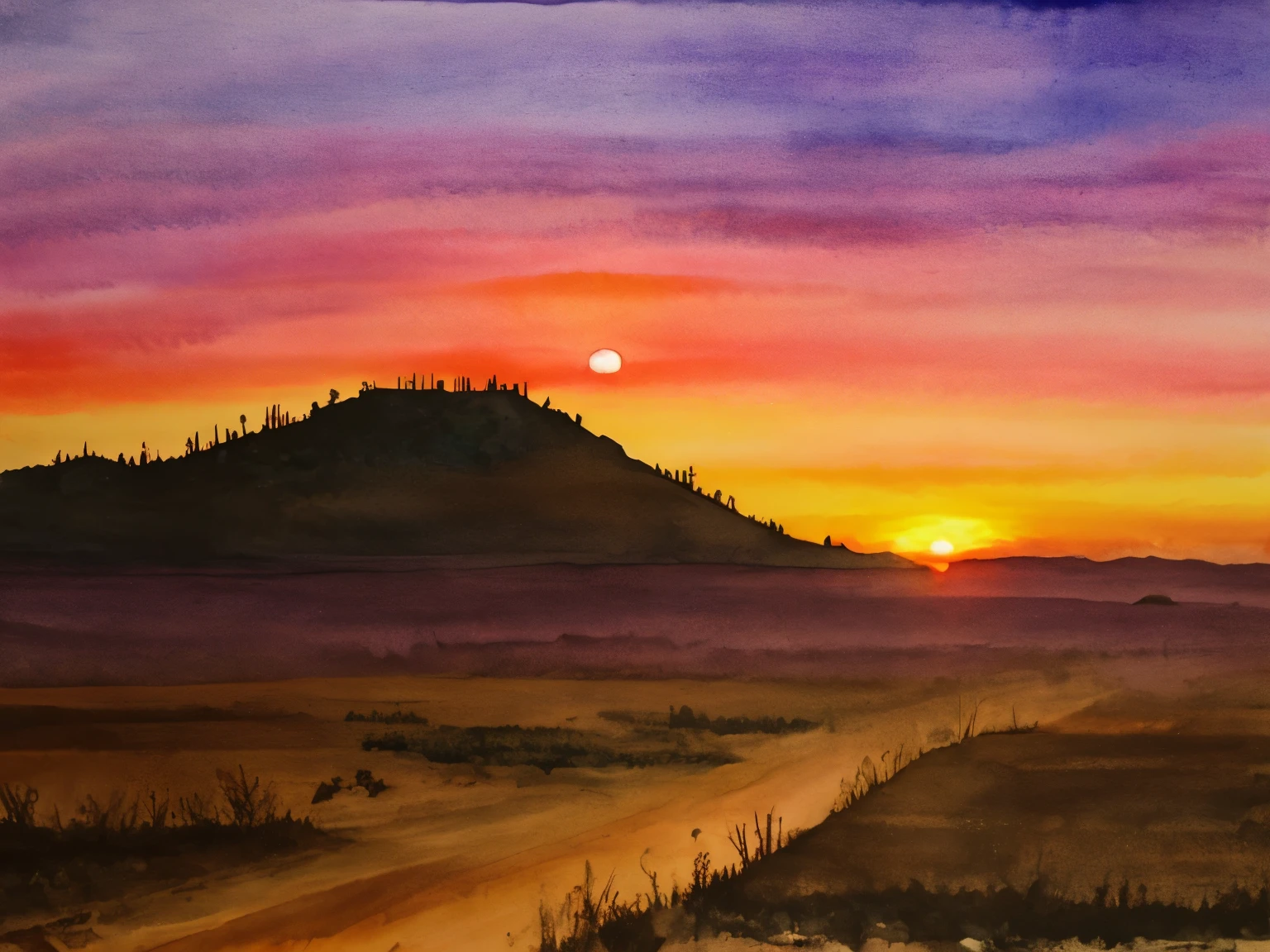 post-apocalyptic sunset at the end of the world of the new dawn aquarelle drawing