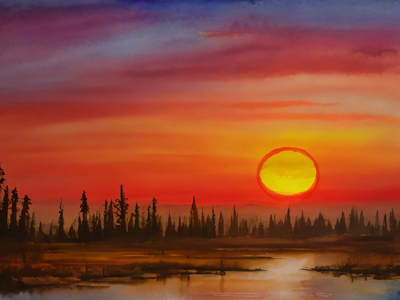 post-apocalyptic sunset at the end of the world of the new dawn aquarelle drawing