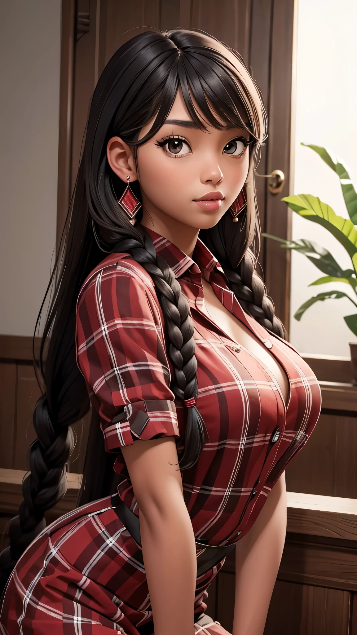 (masterpiece, best quality), deep ebony 1girl, beautiful face, freely hanging braids, red checks.