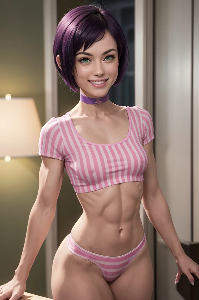 bombchu lady, short purple hair, green eyes, pink striped shirt, (looking at viewer), big smile, upper body view, neon lighting,  high quality, masterpiece,  (small breasts), choker, (muscular, thick thighs:1.2), (three quarter view:1.2)