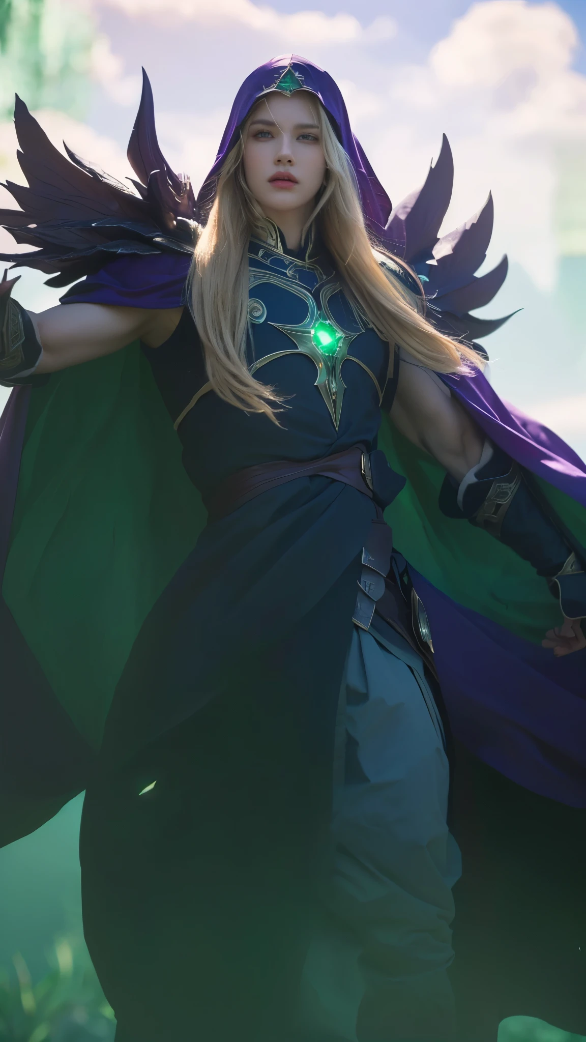 a handsome charismatic man wearing a purple cape,standing in front of a green background,dark mage,a blonde emerald warrior,(best quality,8k,highres,masterpiece:1.2),ultra-detailed,(realistic,photorealistic,photo-realistic:1.37),intricate details,cinematic lighting,dramatic shadows,vibrant colors,epic fantasy,