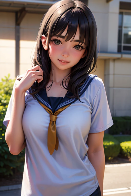 masterpiece, best quality, (photo realistic:1.6), 1girl,solo, embarrassed smile,looking at viewer, (Middle school students:1.3)