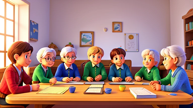 Six seniors, about 60 years old, with perfect, joy-filled faces, are sitting around reading books and diligently solving math problems. The room is filled with 8k luminescence, and the pure white background is impeccably clean and vivid, reminiscent of a movie cover. A photographic masterpiece, every detail has been meticulously captured, with every expression and carefree stroke of small hands painstakingly rendered. They work harmoniously with unwavering focus, with the promise of a bright future sparkling in their eyes. A scene that proves unchanging bonds