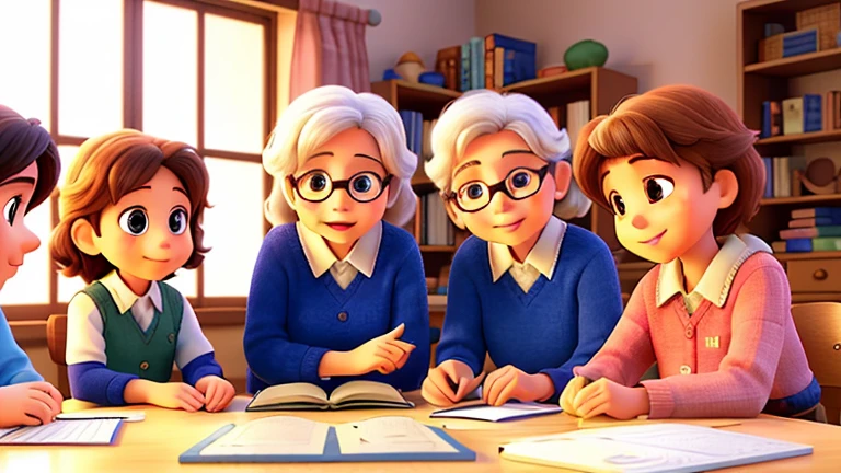 Six seniors, about 60 years old, with perfect, joy-filled faces, are sitting around reading books and diligently solving math problems. The room is filled with 8k luminescence, and the pure white background is impeccably clean and vivid, reminiscent of a movie cover. A photographic masterpiece, every detail has been meticulously captured, with every expression and carefree stroke of small hands painstakingly rendered. They work harmoniously with unwavering focus, with the promise of a bright future sparkling in their eyes. A scene that proves unchanging bonds