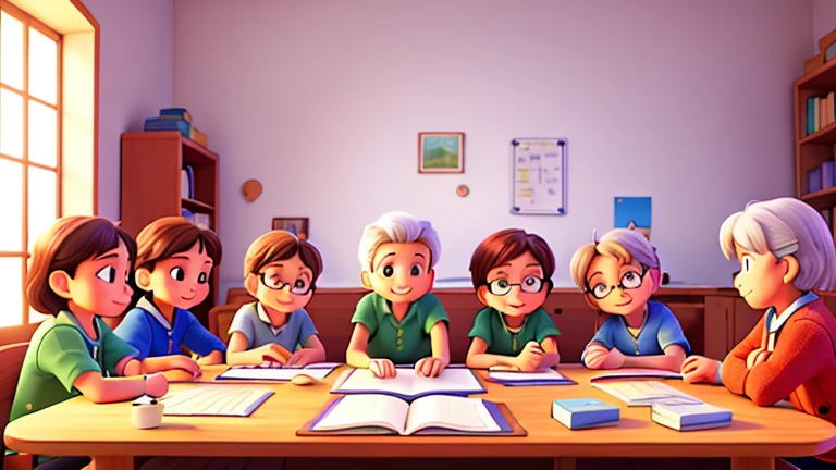 Six seniors, about 60 years old, with perfect, joy-filled faces, are sitting around reading books and diligently solving math problems. The room is filled with 8k luminescence, and the pure white background is impeccably clean and vivid, reminiscent of a movie cover. A photographic masterpiece, every detail has been meticulously captured, with every expression and carefree stroke of small hands painstakingly rendered. They work harmoniously with unwavering focus, with the promise of a bright future sparkling in their eyes. A scene that proves unchanging bonds