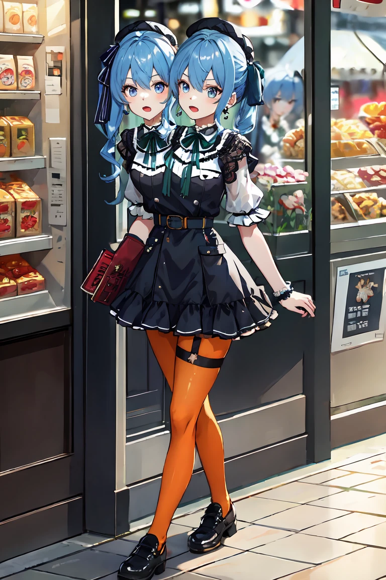(masterpiece, best quality), best resolution, 16k, (2heads:1.5), close-up, 1girl, solo, HoshimachiSuisei, side ponytail, blue hair ribbon, SuiseiStreet, long hair, half updo, black beret, black dress, collared dress, sleeveless, bow earrings, lace choker, neck ribbon, black belt, orange pantyhose, o-ring thigh strap, single garter strap, (cheek-to-cheek), ((hand holding a wallet)), ((eyes-look-left)), surprised, frustrating, walking, open mouth, city, Shopping Street, street vendor, morning