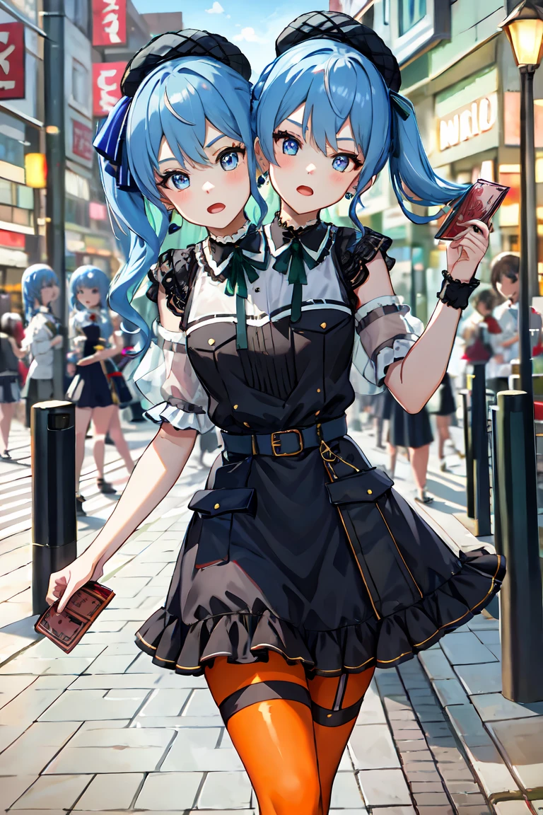 (masterpiece, best quality), best resolution, 16k, (2heads:1.5), close-up, 1girl, solo, HoshimachiSuisei, side ponytail, blue hair ribbon, SuiseiStreet, long hair, half updo, black beret, black dress, collared dress, sleeveless, bow earrings, lace choker, neck ribbon, black belt, orange pantyhose, o-ring thigh strap, single garter strap, (cheek-to-cheek), ((hand holding a wallet)), ((eyes-look-left)), surprised, frustrating, walking, open mouth, city, Shopping Street, street vendor, morning