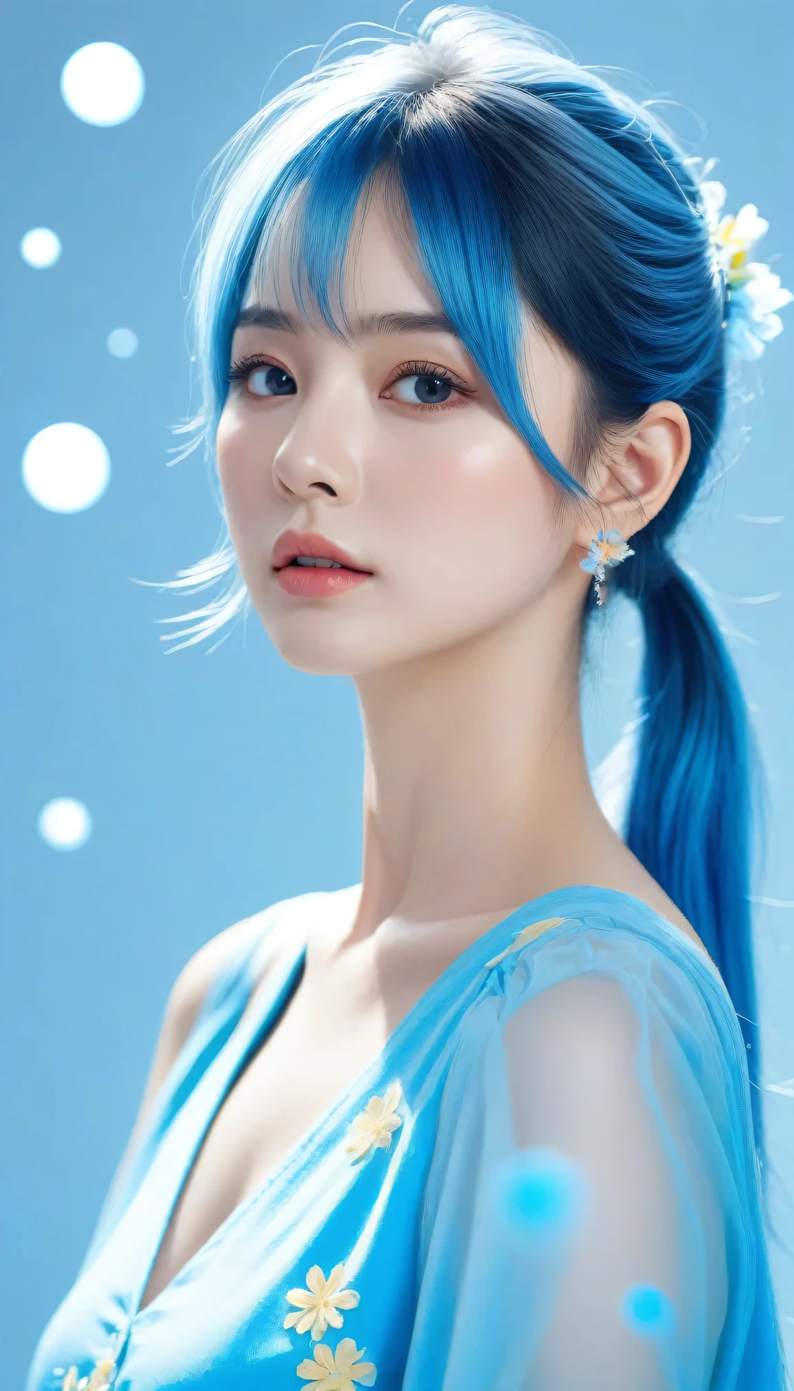(masterpiece), (best quality), (Super detailed),(disheveled hair),(illustration), (1 girl), (fashion clothing), permanent, fashion model, looking at the audience, (interview), (Simple background),Beautiful and delicate eyes, Exquisite and beautiful face, floating,(high saturation),(colorful splash),Colorful bubbles,(shining), focus on face, ponytail, Ayaka Uesou, light blue hair, Bangs, hair ring, floating flowers, floating hair, (shining), best lighting, best shadow,