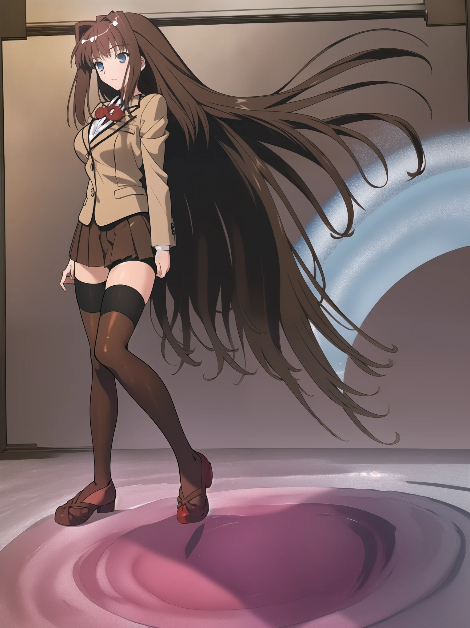 BREAK, (EMPTY BACKGROUND), BREAK (masterpiece:1.2), best quality, high resolution, 8k, illustration, (beautiful detailed eyes:1.6), extremely detailed face, extremely detailed body, CG, perfect hands, perfect anatomy, (((1girl))), ((solo)), ((((bbaoko))), (((2 legs max))), (((2 feet max:1.6))), ((swirling vortex shaped longest brown hair:1.5)), (brown longest hair with slightly reddish undertone:1.6), (lush luscious longest brown hair:1.6), (very long voluminous longest brown hair:1.5), serious, blue eyes, red bowtie, (Form-fitting beige blazer:1.5), brown jacket, (highly detailed beautiful face:1.2), (white shirt:1), (well shaped large breasts:1.6), (nice hips:1), (((Umber pleated thigh-high skirt:1.6))), (((black bike shorts:1.4))), (2 nice thighs:1.6), (black thighhighs:1.6), (strap shoes brown color), (facing front:1.5), ((standing straight:1.5)), ((Fullbody in frame:1.6)), ((Full body:1.5)), (takeuchi takashi:1.5)