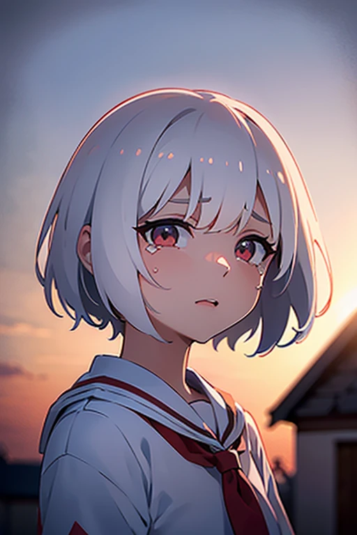 (crying)(white short hair)(red eye)(Sit on the roof)(dusk)(face to the sky)(whole body)(Profile)(Sunset) 4k