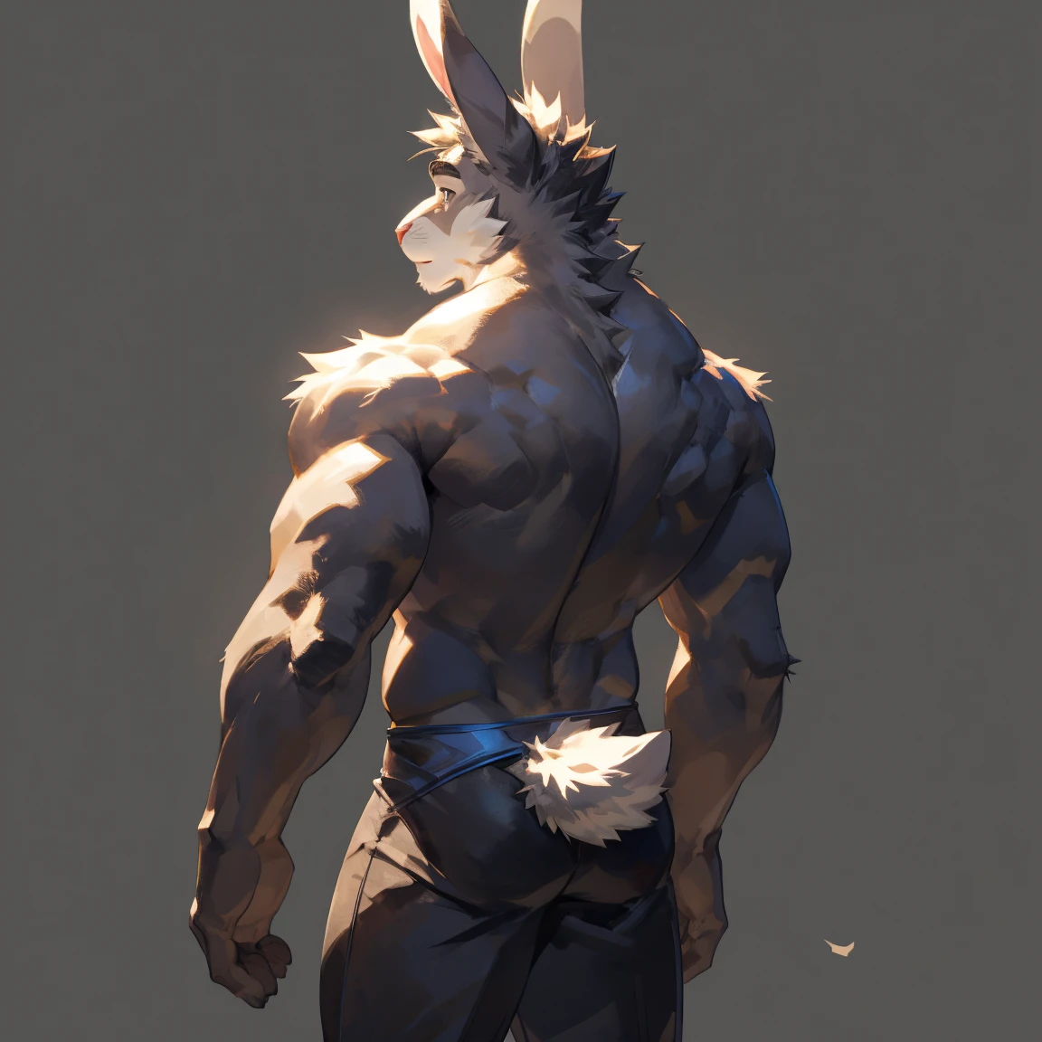 Solo, male, Medium muscular, rabbit, light gray, light gray rabbit, rabbit in underwear, black underwear, short underwear, string underwear, long ears, from back, back view, posing, with short tail, tail, rabbit tail, bunny, bunny tail, butt, perfect anatomy, male anatomy, perfect body, ((focus body, furry focus, shadows focus, body shadows)) nice body, standing, posing, model, light, shades, 4k, high quality (((gray background, gray wallpaper, one color))), by darkgem, by mystikfox61