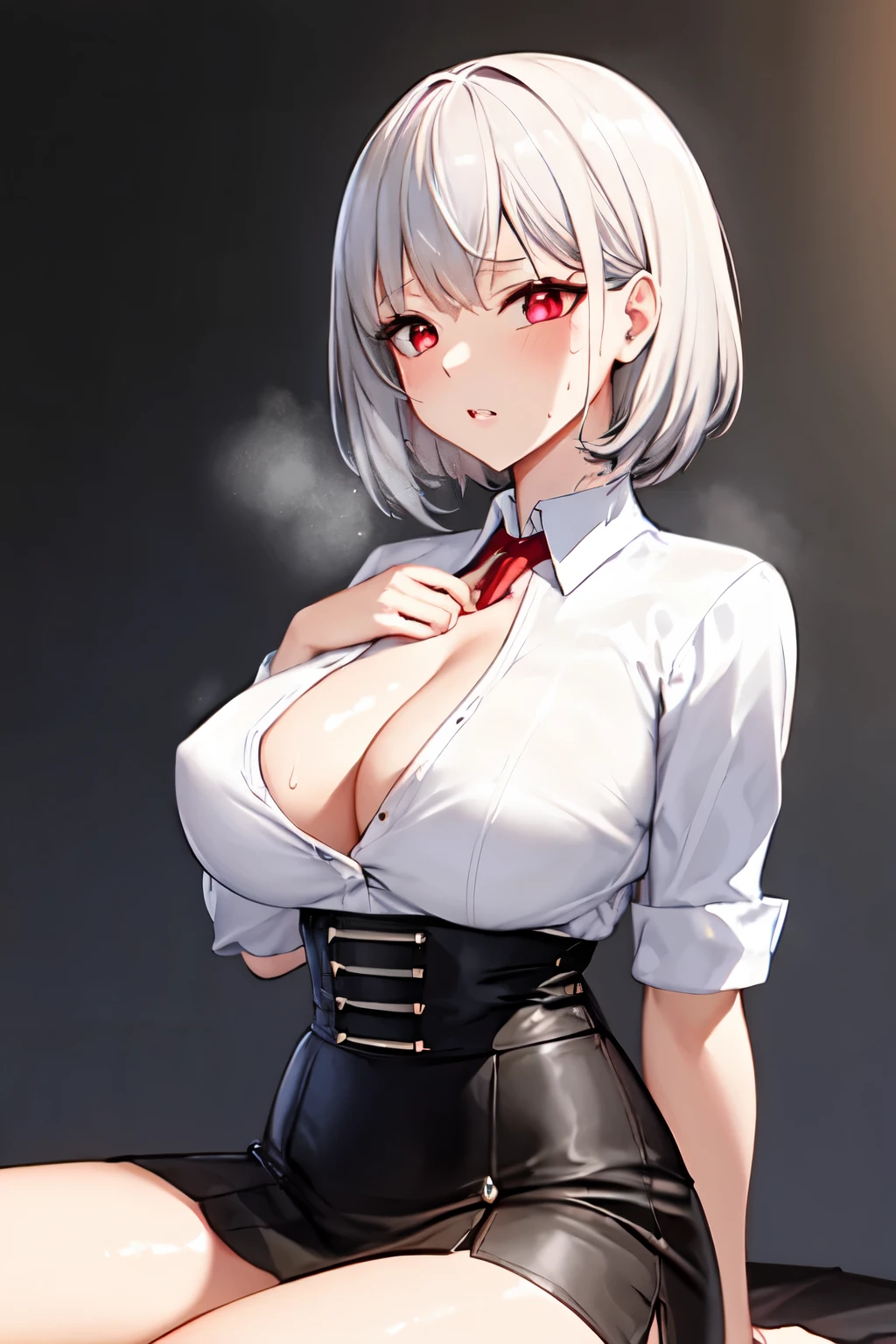 ((best quality)), ((masterpiece)), (detailed), perfect face((best quality)), ((masterpiece)), (detailed), Perfect face((best quality)), ((masterpiece)), (detailed), 4K quality,Ultra HD,Perfect face,White hair,Red eyes,White shirt,Black corset,Black hip skirt,sweat,Gray background,short hair,full,Chest leak,Hands between your legs,Sitting,Look squarely at the screen