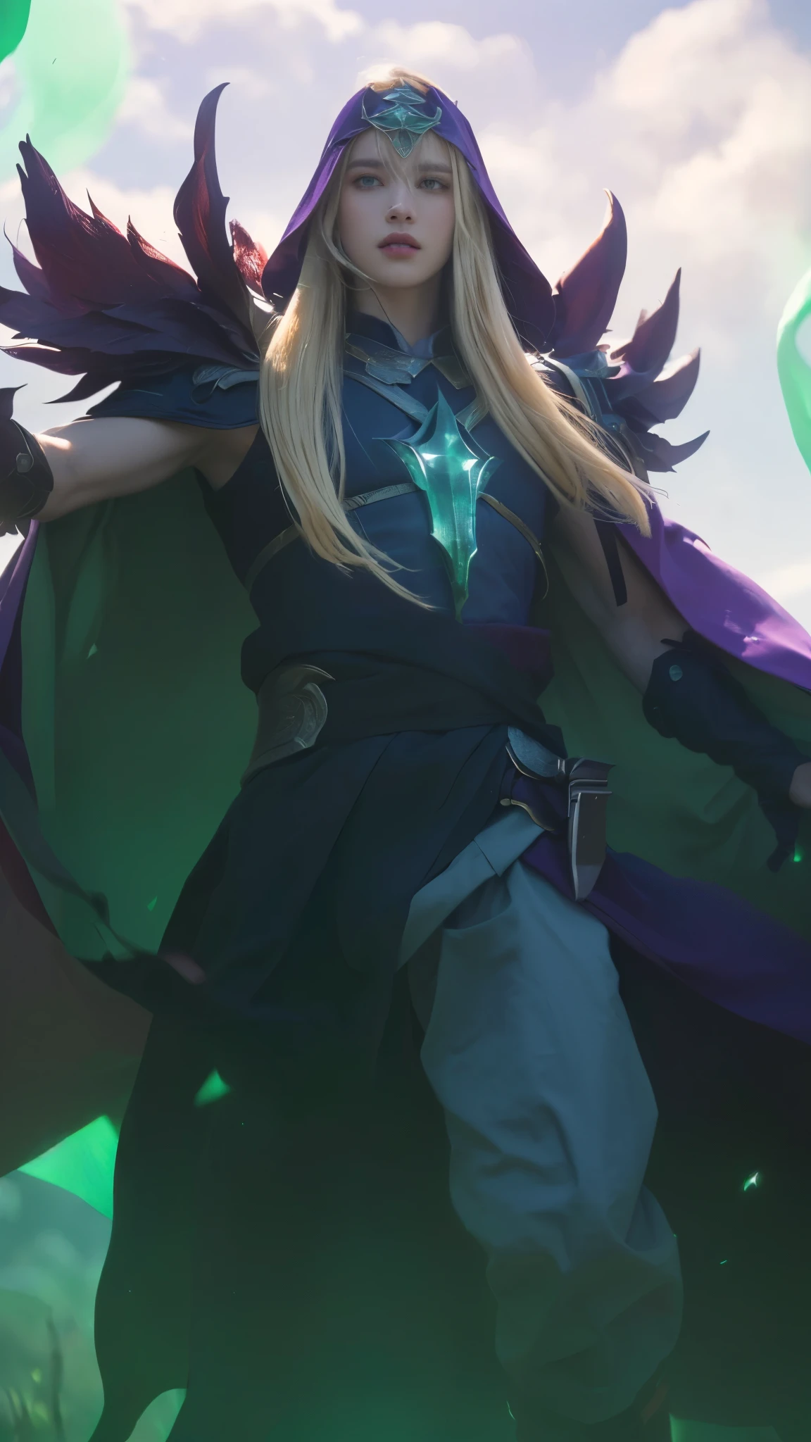 a handsome charismatic man wearing a purple cape,standing in front of a green background,dark mage,a blonde emerald warrior,(best quality,8k,highres,masterpiece:1.2),ultra-detailed,(realistic,photorealistic,photo-realistic:1.37),intricate details,cinematic lighting,dramatic shadows,vibrant colors,epic fantasy,