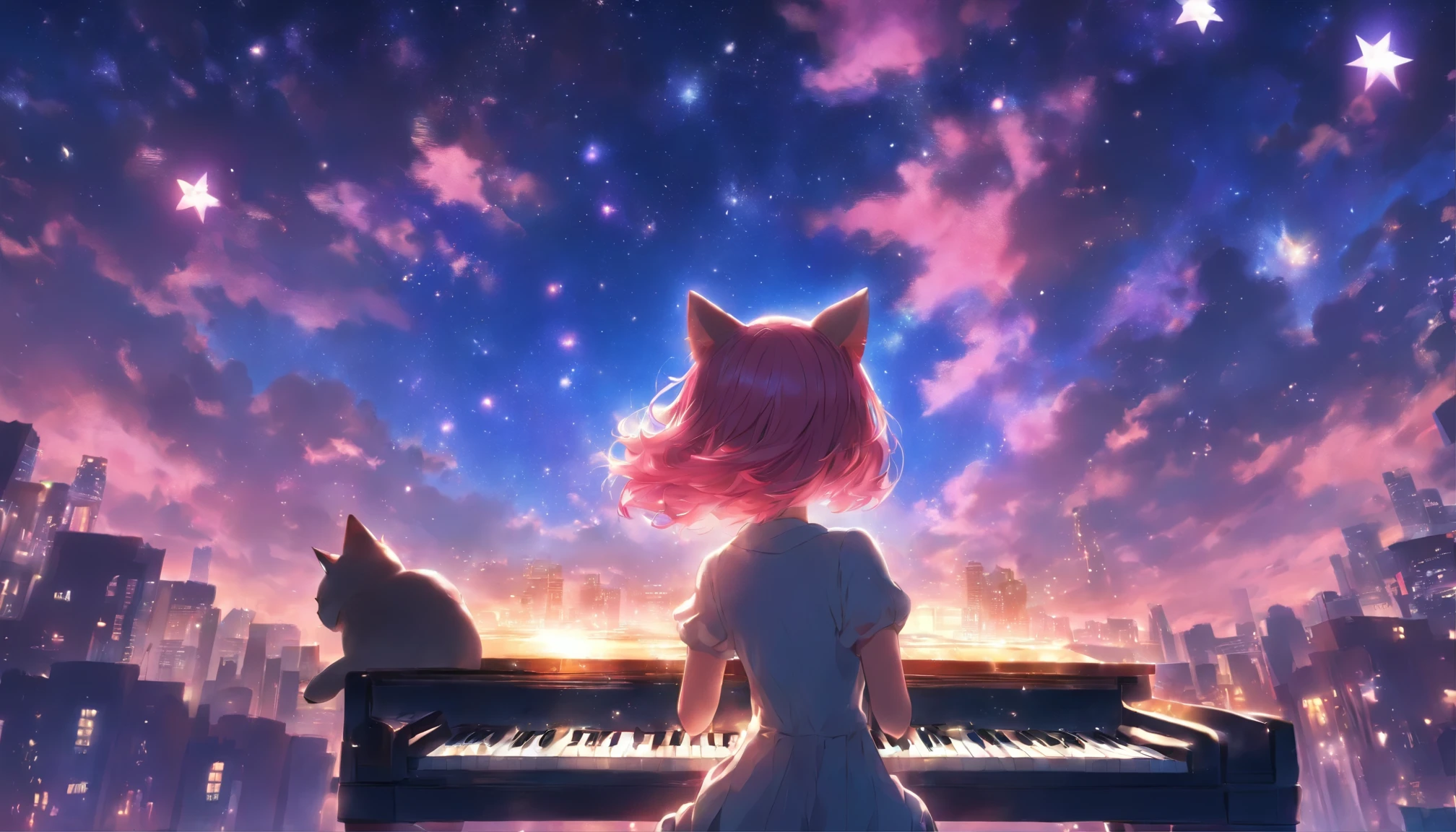 Imagine a scene of a girl playing piano under the stars.. anime, Pink Hair, Cat ear. That&#39;s her charm.