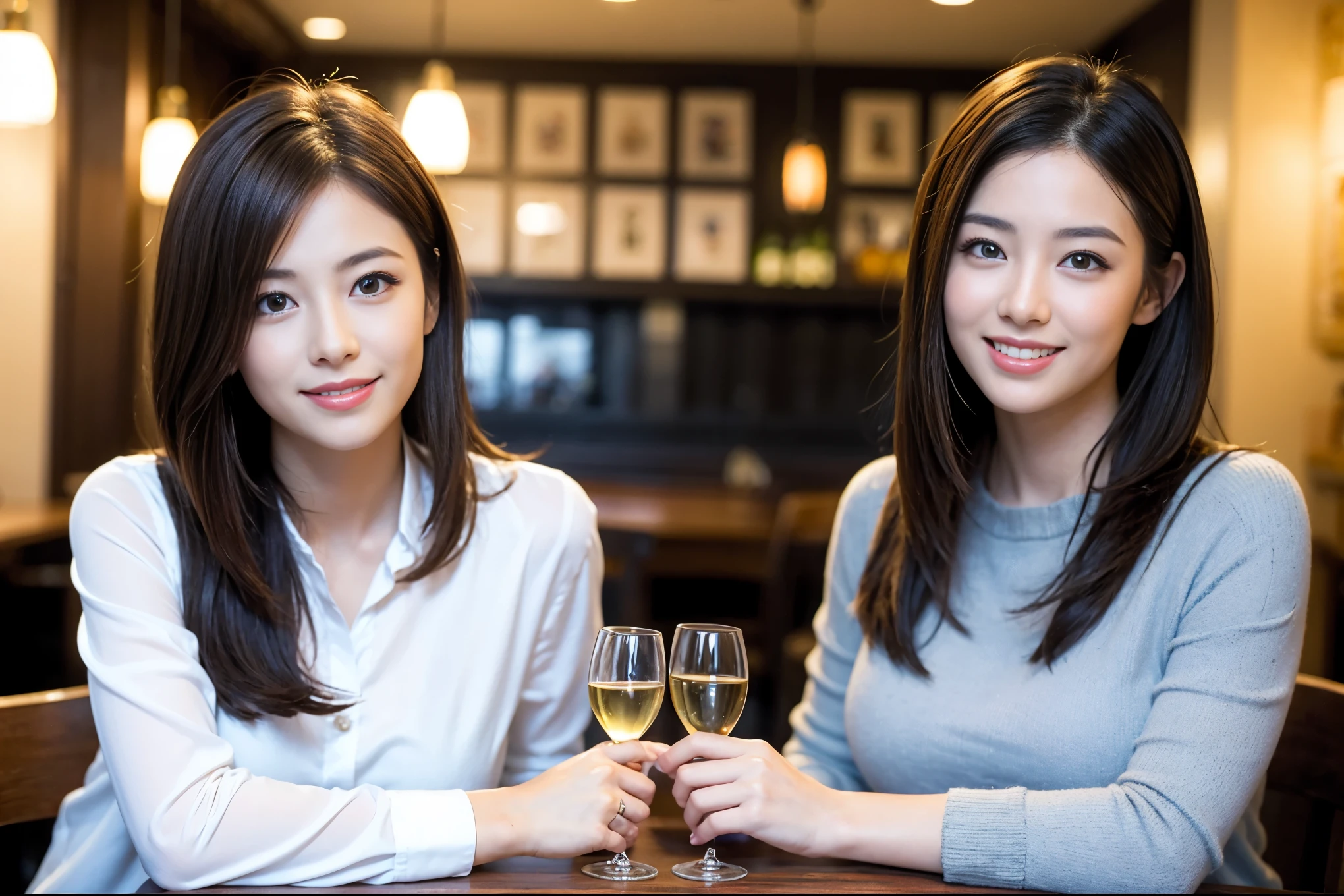 ((highest quality、8k、masterpiece:1.3))、1 male、1 female、Couple、Spouse、Satomi Ishihara-like beautiful couple、The body is slim、((Bob Hale、Straight hair:1.2)), (Realistic, Intricate details:1.2), Wine glass on the table、Put the light on your face、 Amazing view of the sunset sky and clouds、Amazing mountain views、A bright smile、The wonderfulness of smile、Bright image、The beauty of wine, Beautiful Face, blue eyes, The light shines on your face, Blushing, short hair,Bright Face、 (43 years old), 39 years old, red wine 、Appetizers、Italian food、Wine bottle、Champagne、sparkling wine、Two beauties、Brown Hair、Shortcuts、Long sleeve shirt、dress、Pretty Woman 1, (Slim face), (The body is slim), (Brown Hair), (Shortcuts), cheeks turn a little red,Attractive beauty、restaurant, In a prominent place (From the waist up) Nova Frog Style, actress, model, Upper Body, White wine, slim, wine glass, A wine glass placed in the center, smile, (smile: 1.15), Beautiful fine grain, Depth f/2,saturation, High Contrast, Strong light and shadow,Moist Body:1.5、3D texture、Delicate eyes、Brown Hair、The hair is very shiny、