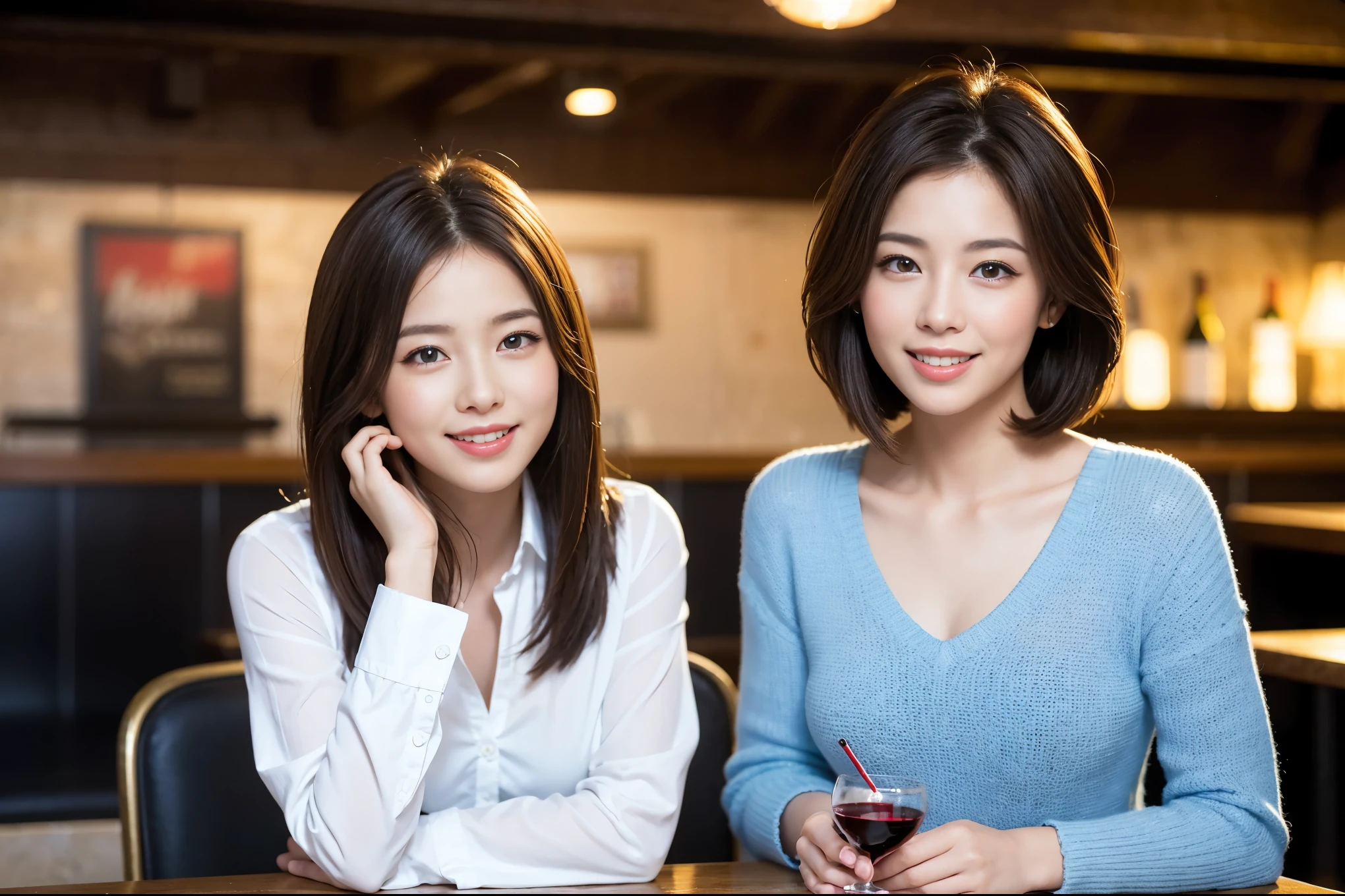 ((highest quality、8k、masterpiece:1.3))、1 male、1 female、Couple、Spouse、Satomi Ishihara-like beautiful couple、The body is slim、((Bob Hale、Straight hair:1.2)), (Realistic, Intricate details:1.2), Wine glass on the table、Put the light on your face、 Amazing view of the sunset sky and clouds、Amazing mountain views、A bright smile、The wonderfulness of smile、Bright image、The beauty of wine, Beautiful Face, blue eyes, The light shines on your face, Blushing, short hair,Bright Face、 (43 years old), 39 years old, red wine 、Appetizers、Italian food、Wine bottle、Champagne、sparkling wine、Two beauties、Brown Hair、Shortcuts、Long sleeve shirt、dress、Pretty Woman 1, (Slim face), (The body is slim), (Brown Hair), (Shortcuts), cheeks turn a little red,Attractive beauty、restaurant, In a prominent place (From the waist up) Nova Frog Style, actress, model, Upper Body, White wine, slim, wine glass, A wine glass placed in the center, smile, (smile: 1.15), Beautiful fine grain, Depth f/2,saturation, High Contrast, Strong light and shadow,Moist Body:1.5、3D texture、Delicate eyes、Brown Hair、The hair is very shiny、