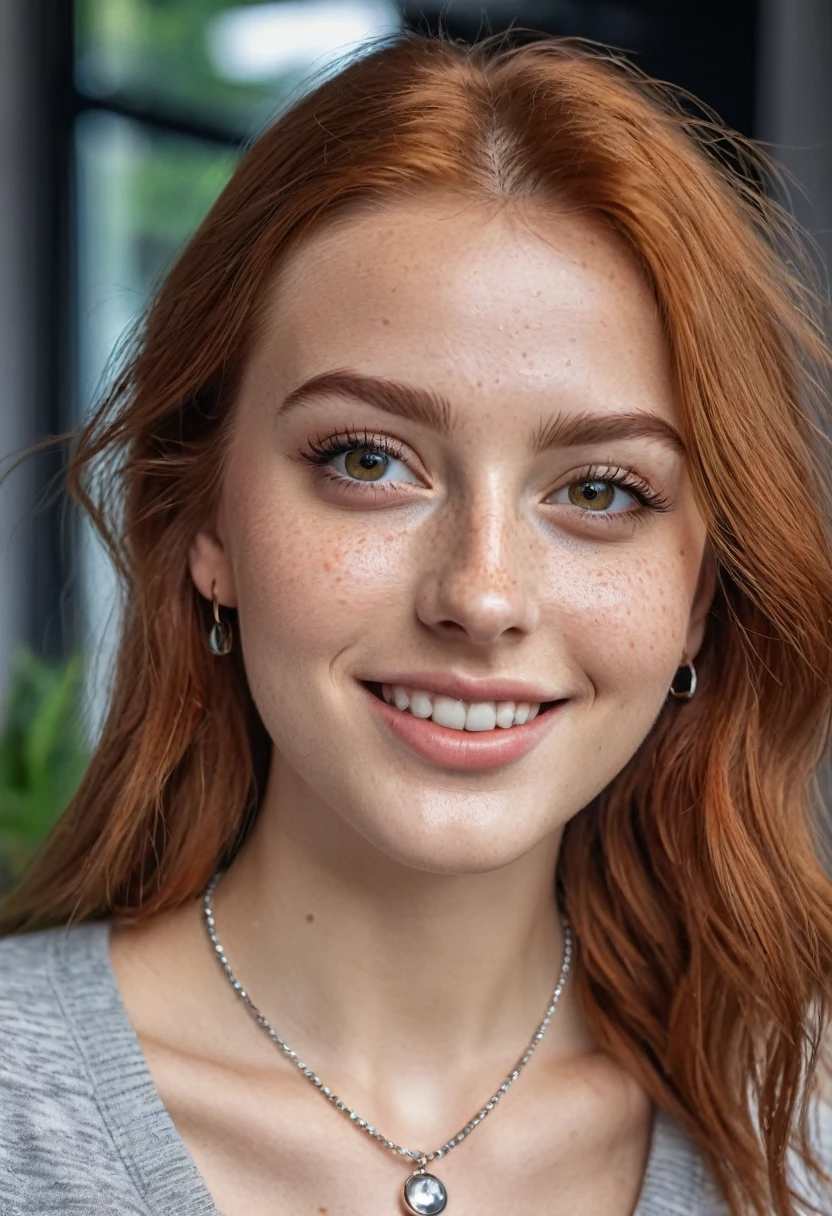 hyperrealistic beautiful busty 20-year-old woman with long legs wearing casual outfit, model shooting full body photography, natural redhead long straight hair, freckles, soaky wet skin, dark eye makeup with eyeliner, seductive smile, small necklace, 8K, Best quality, Meisterwerk, ultra high resolution, (Realismus: 1.4), Originalfoto, (realistische Hautstruktur: 1.3), (Filmkorn: 1.3), (Selfie-Winkel), 1 girl, Beautiful round hazel eyes and facial details, Meisterwerk, Best quality, indoor photography