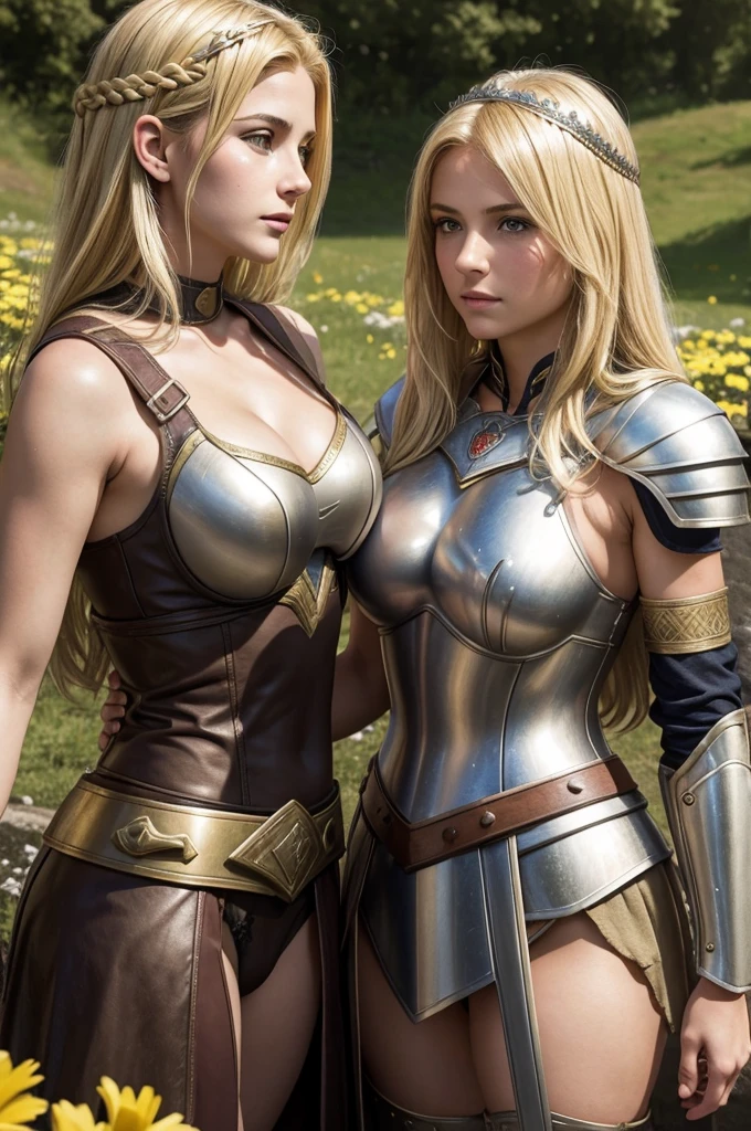 mother and daughter portrait break: mature woman, roman warrior, queens blade , middle age, blonde, detailed face, curvy, fighter position, background in uk land break: teen girl, roman warrior, princess blade , 13 years old, teenager girl, small breasts, mini cropped, valkyrian princess ,blonde, detailed face, beautiful, confiant, background in uk land with flowers, soft lesbians