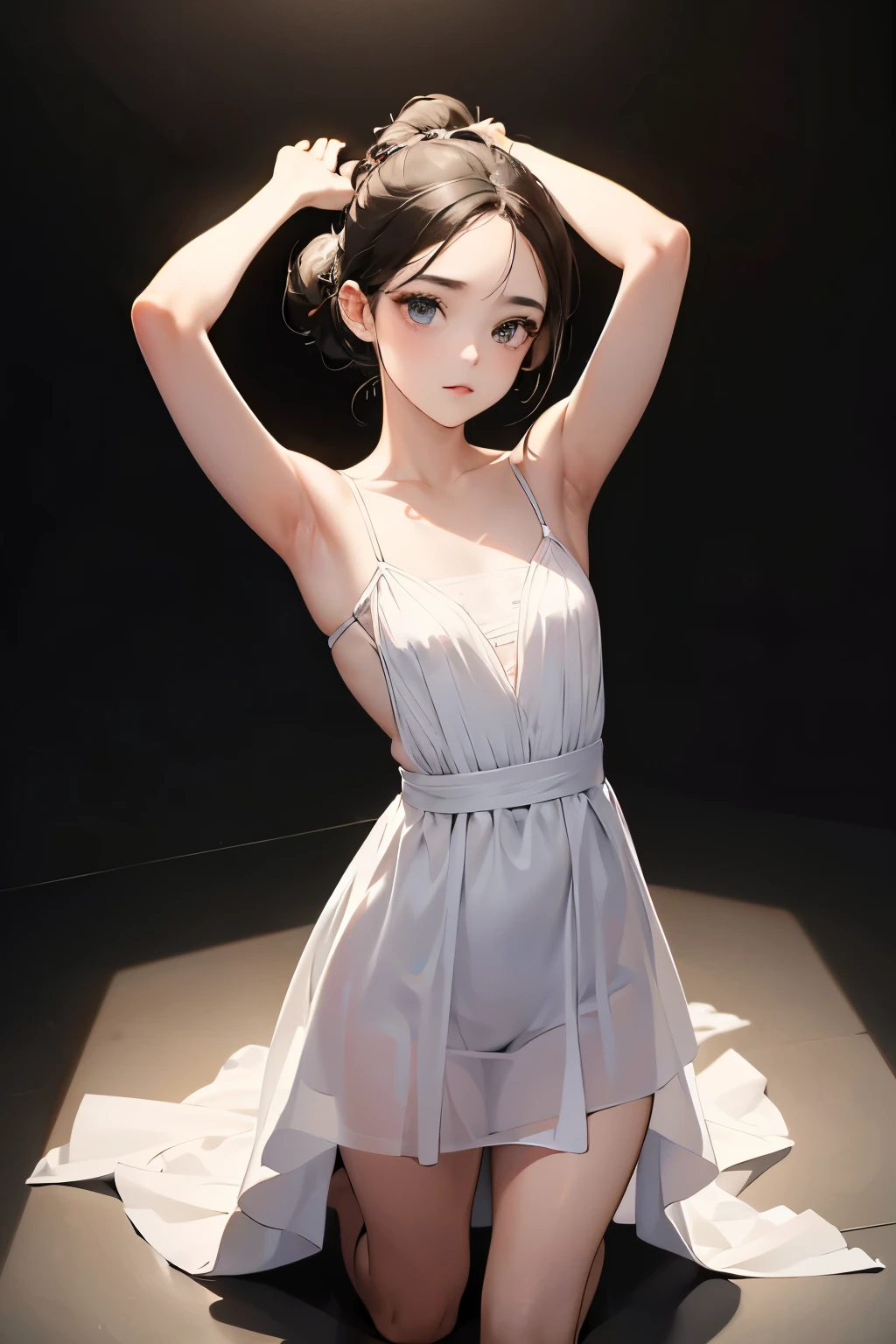 woman, Chignon, Wearing a dress, Flat Chest, Look forward, Black background, White floor, masterpiece, highest quality