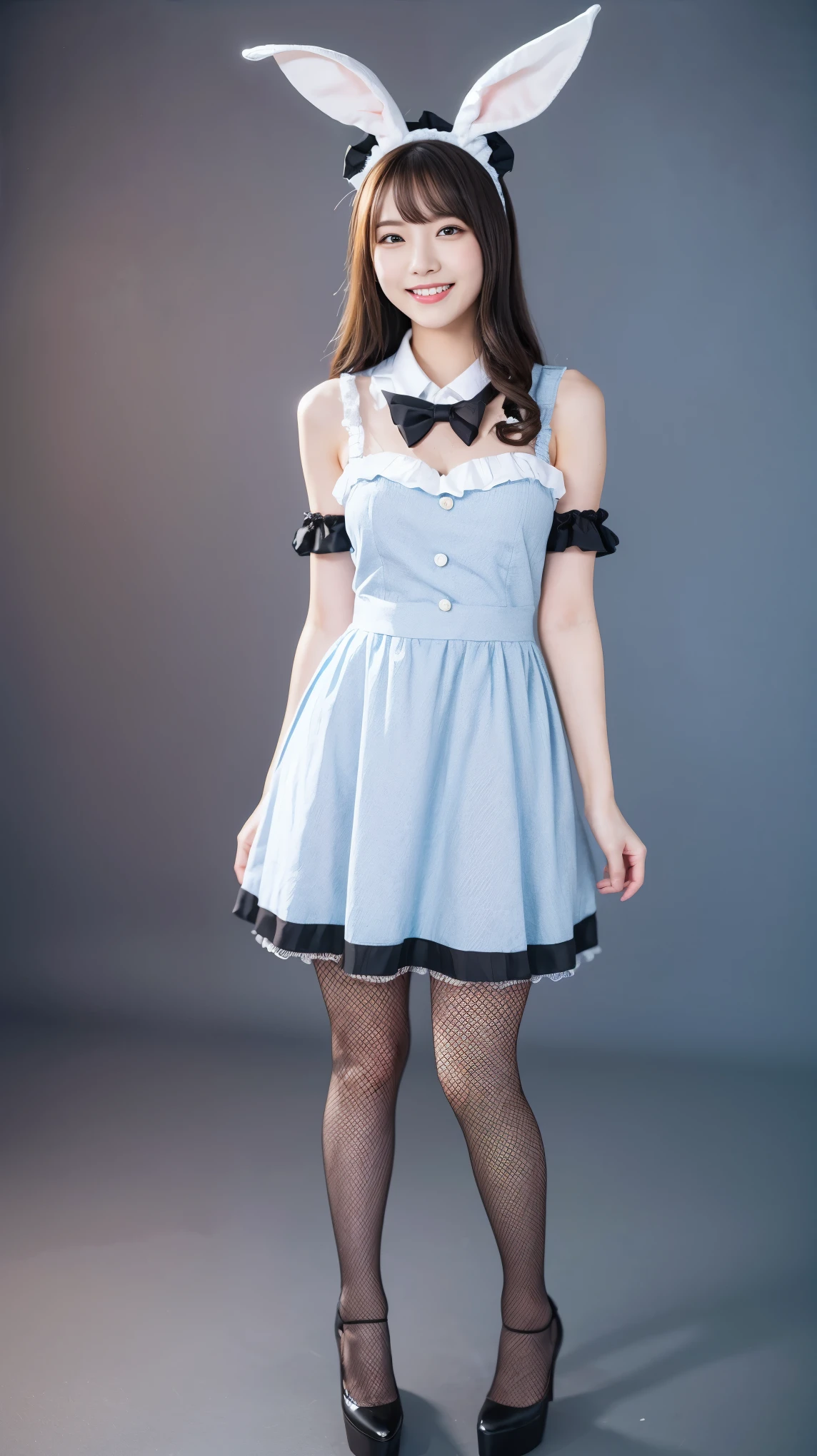 Bunny girl in a light blue maid outfit:1.5，Wearing light blue fishnet stockings:1.5，The best smile:1.5，Full Body Shot:1.5，Gray background:1.5，Wearing black high heels:1.5，