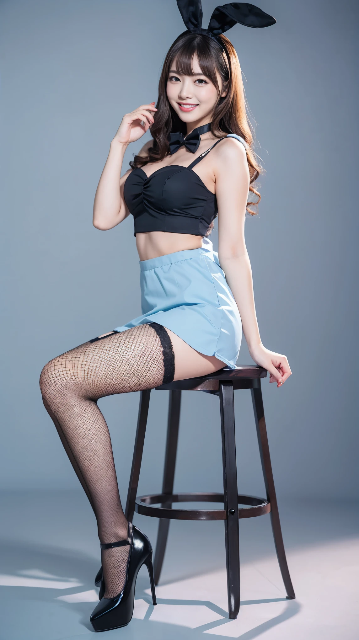 Bunny girl in a light blue maid outfit:1.5，Wearing light blue fishnet stockings:1.5，The best smile:1.5，Full Body Shot:1.5，Gray background:1.5，Wearing black high heels:1.5，