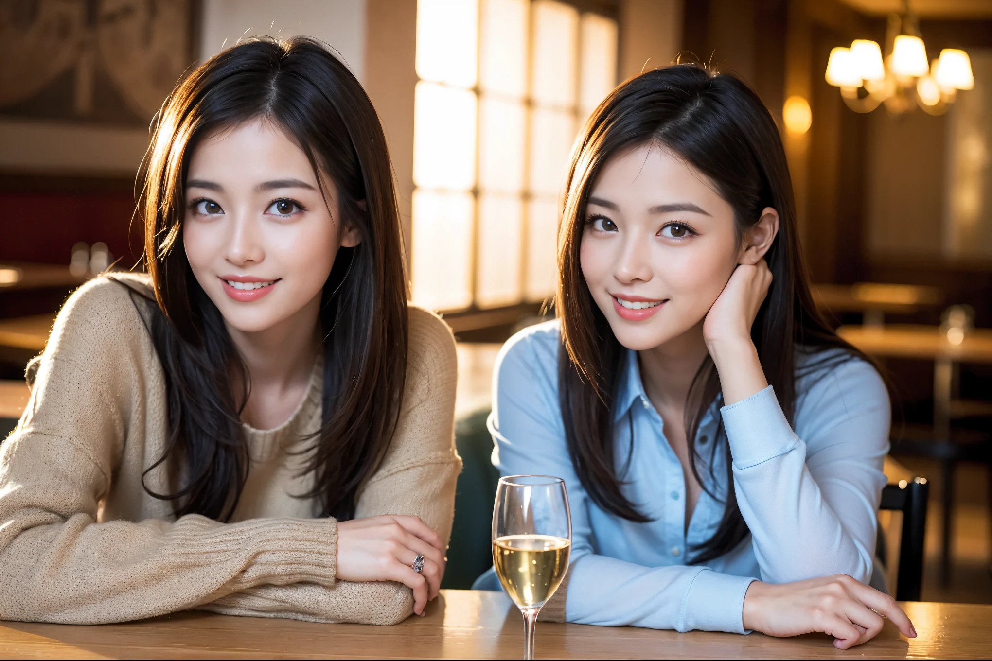 ((highest quality、8k、masterpiece:1.3))、1 male、1 woman who resembles Satomi Ishihara、Couple、Spouse、Couple、The body is slim、((Bob Hale、Straight hair:1.2)), (Realistic, Intricate details:1.2), Wine glass on the table、Put the light on your face、 Amazing view of the sunset sky and clouds、Amazing mountain views、A bright smile、The wonderfulness of smile、Bright image、The beauty of wine, Beautiful Face, blue eyes, The light shines on your face, Blushing, short hair,Bright Face、 (Age 42), 39 years old, red wine 、Appetizers、Italian food、Wine bottle、Champagne、sparkling wine、Two beauties、Brown Hair、Shortcuts、Long sleeve shirt、dress、Pretty Woman 1, (Slim face), (The body is slim), (Brown Hair), (Shortcuts), cheeks turn a little red,Attractive beauty、restaurant, In a prominent place (From the waist up) Nova Frog Style, actress, model, Upper Body, White wine, slim, wine glass, A wine glass placed in the center, smile, (smile: 1.15), Beautiful fine grain, Depth f/2,saturation, High Contrast, Strong light and shadow,Moist Body:1.5、3D texture、Delicate eyes、Brown Hair、The hair is very shiny、