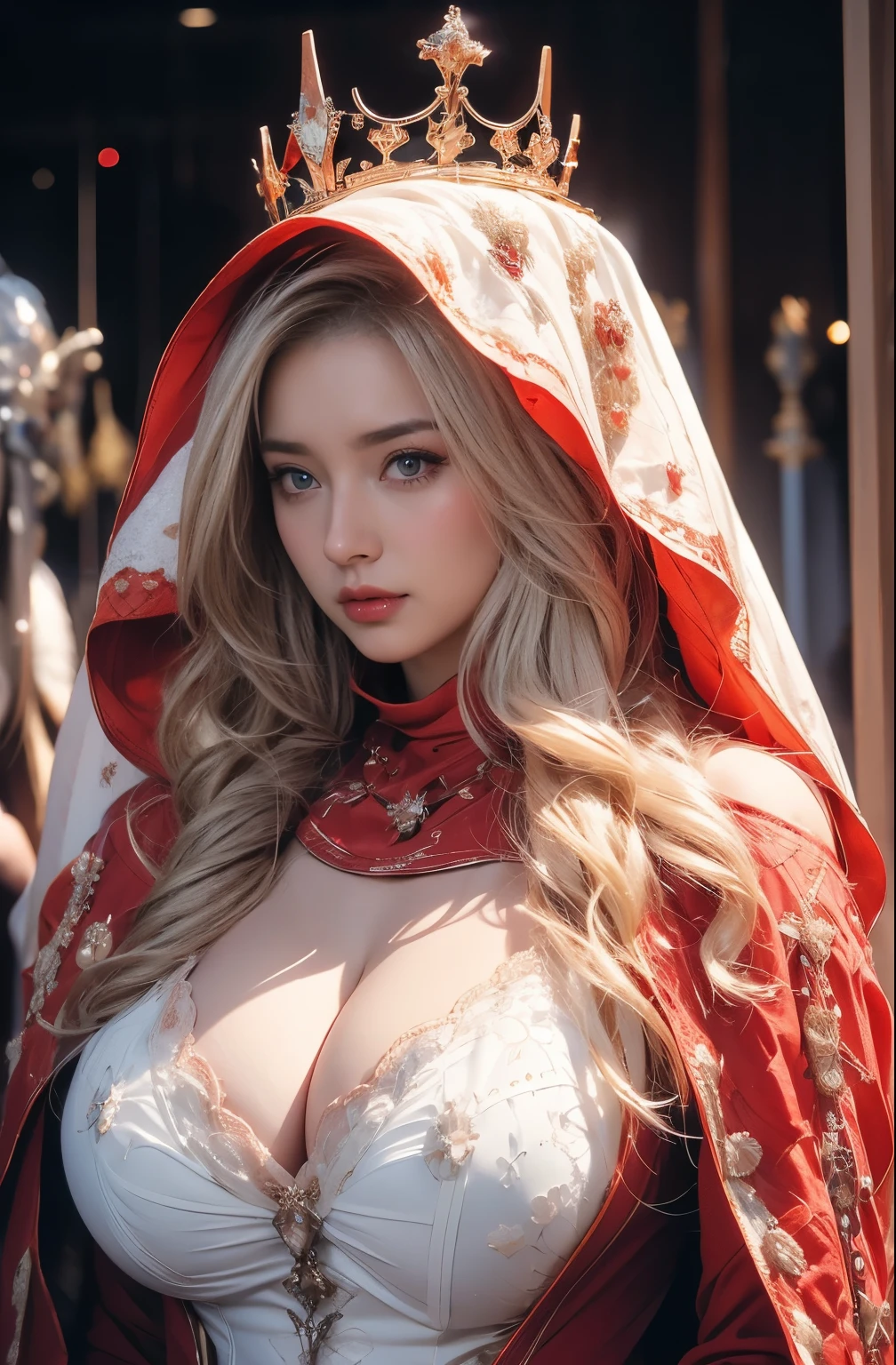 Elegant armor,princess, Full body, wearing a hijab , crown luxury , blue eye, blond hair, around , (red silver hijab), tmasterpiece,Best quality at best,A high resolution,8K,((Portrait)),(upper body),Original photo,real photograph,digital photography, (Medieval angel princess in fantasy style), elegant princess ,blue eye, super colossal brest, pointy colossal breast extravagant ornament,cparted lips,Keep your mouth shuegant and charming,((Blushing)),virgin content,Calm and handsome,luxury full body armor(Medieval fantasy armor) The Beautiful super huge pointy breast, small waist, perfect colossal breast of princess body, a blue delicate pattern,red Cloak),(anhelic princess character medieval fantasy style,oc render reflection texture, sexy style, sexy colossal breast , medieval castle background, slim body, very small waist, (luxury armor pattern) , super slim , sexy style, angel 4 wings