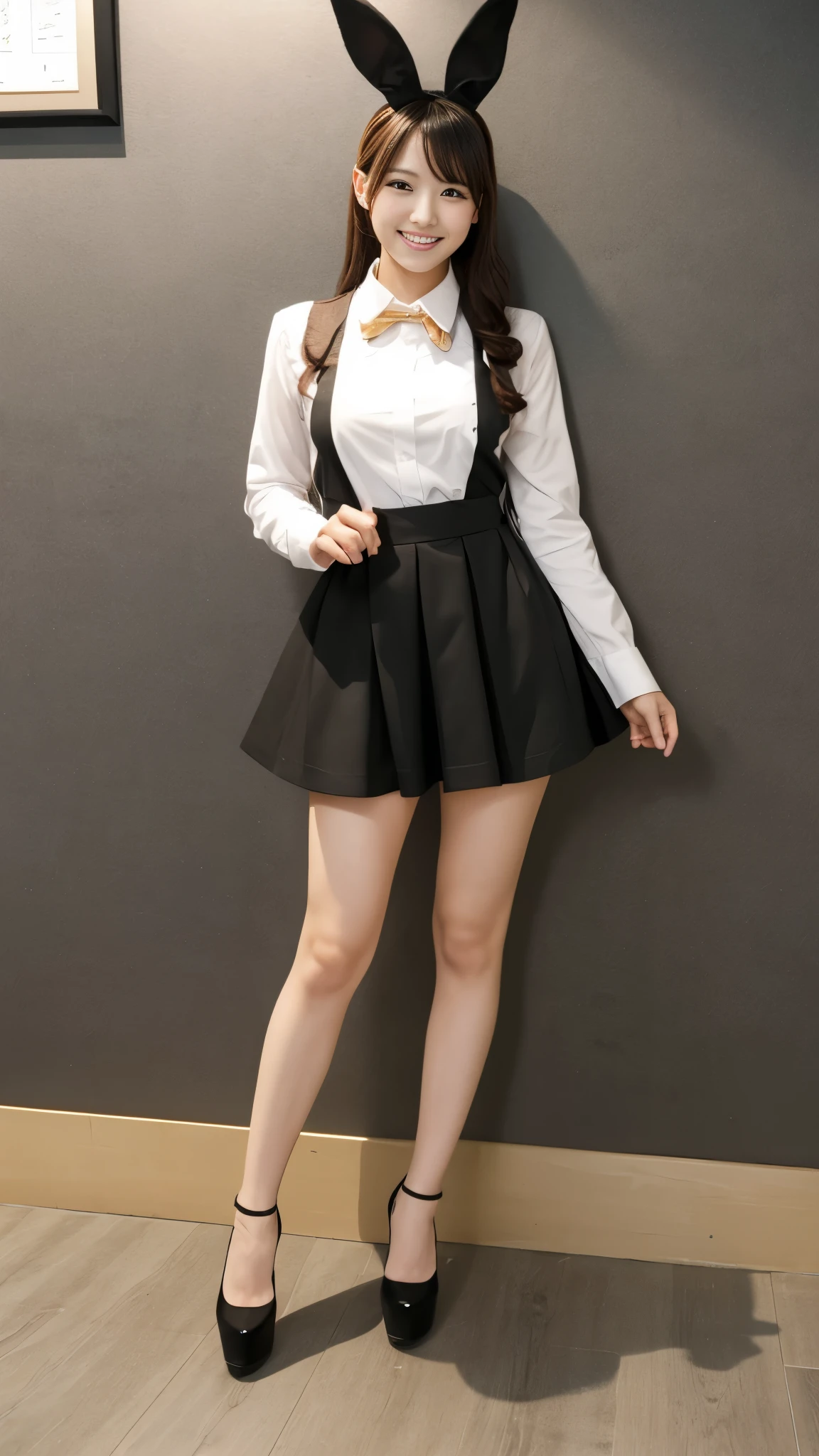 Bunny girl working at maid cafe:1.5，The best smile:1.5，Full Body Shot:1.5，Gray background:1.5，Wearing black high heels:1.5，