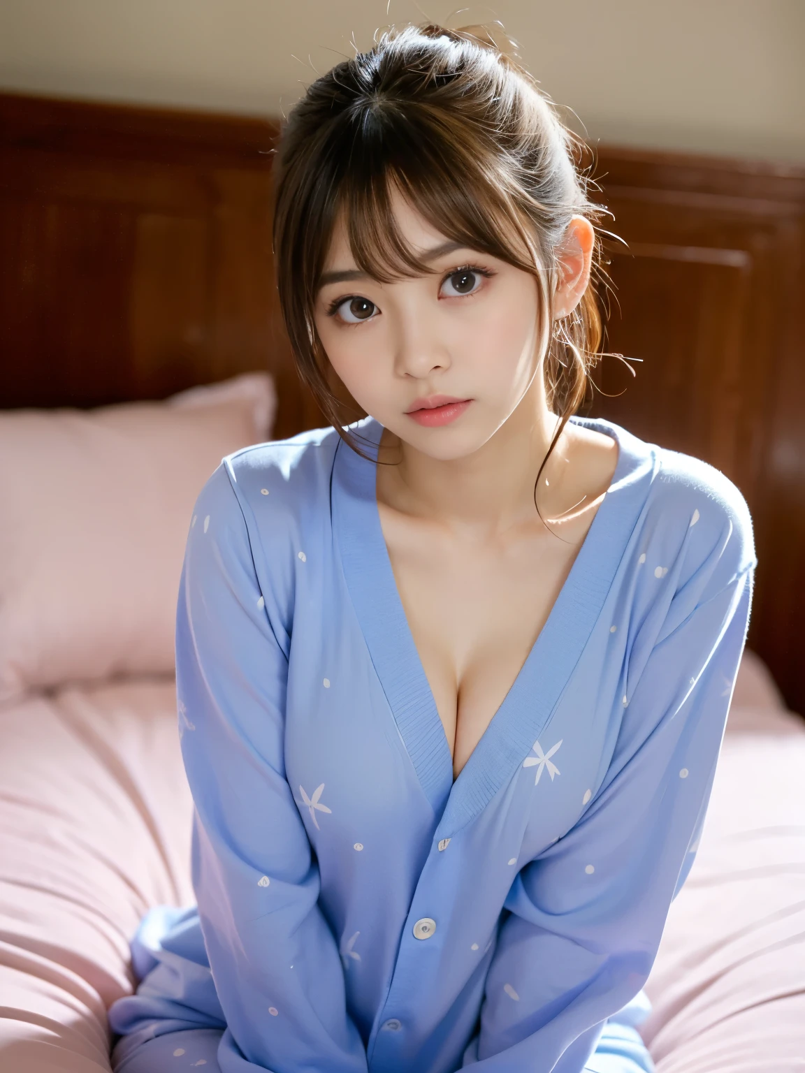 (Best-quality, Masterpiece, Ultra-High-Resolution, (Photorealistic:1.4), Raw Photo, depth of field, professional lighting, perfect anatomy, extremely details), 1girl, -yeld, thost famous Japanese idol, wearing pajamas with cute-patterned, (((sexually seducing viewer on bed, feeling very strong sexual arousals))), (extremely cute face like the most famous Japanese idol, ((extremely cute and extremely big eyes)), extremely beautiful hair, extremely beautiful skins), extremely cute long-eyelashes, extremely cute lips, dynamic pose