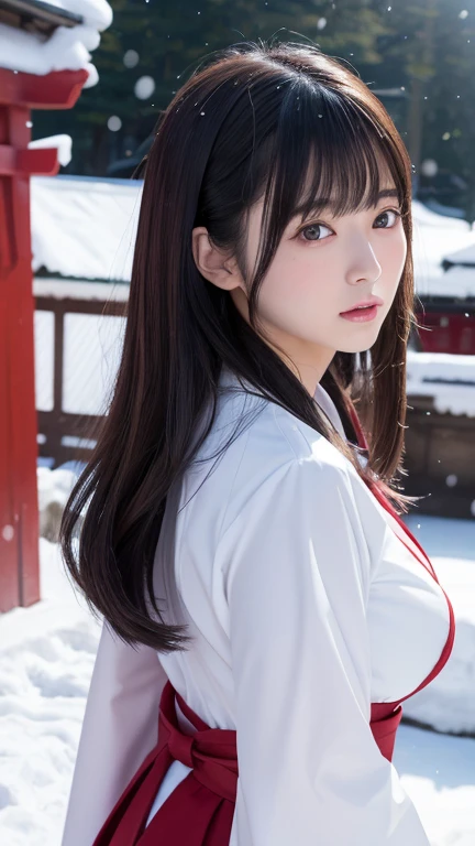 8K、Detailed Description、Very high definition、Realistic、reality的、Real、live-action、reality、High resolution、Nogizaka46、japanese idol,beautiful girl、21 years old、profile,Daytime、Snow Scene、Dark brown eyes,red hakama,white japanese shrine maiden outfit,shurine,Shrine grounds、Shrine maiden、Shrine maidenの衣装、Mouth closed、Long Hair、Knee-up-top angle of view、Back view、look back、Very black hair、pretty girl、Beauty、Glowing Skin、Glowing Skin、Shiny Hair、Very white skin、Heavy makeup、Large Breasts、Slit eyes、Dark brown eyes、Big Eyes、Double eyelids、Don't show your teeth、Look at me and smile、clear、smile、light smile