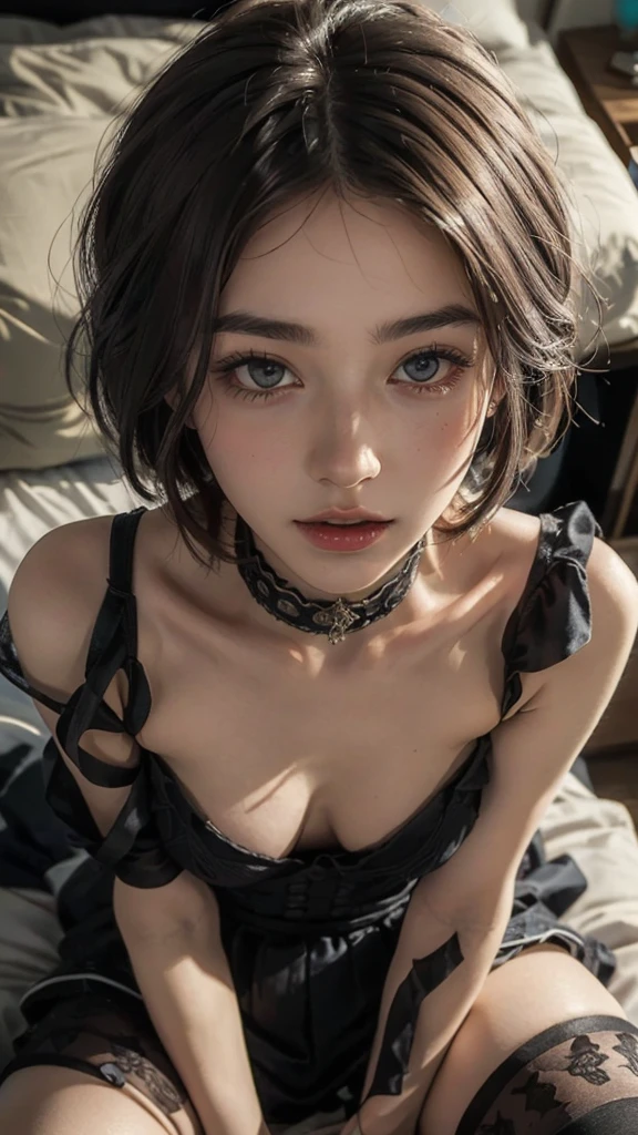 (highest quality, masterpiece:1.3), shape, ((Beautifully detailed face)), Beautiful and detailed skin, Intricate details, Very detailed, Best image quality in 8K, The true picture () (18 year old female model:Black Gothic Lolita,Putting on a collar) (Small breasts), ,Japanese Girls,One Girl,,(Detailed Hair,Bobcut,Black Hair),Detailed lips,Open your mouth,(Lying in bed,Sleep on your back:1.2,Spread your legs,Top View),Detailed legs,Beautiful feet,Beautiful hip line,blush,Embarrassing,Realistic Face,Realistic Skin,(sexy:1.2,Clothes are disheveled),(Vibrant Skin,Moisturized Skin:1.2),Vivid lips,Lip gloss