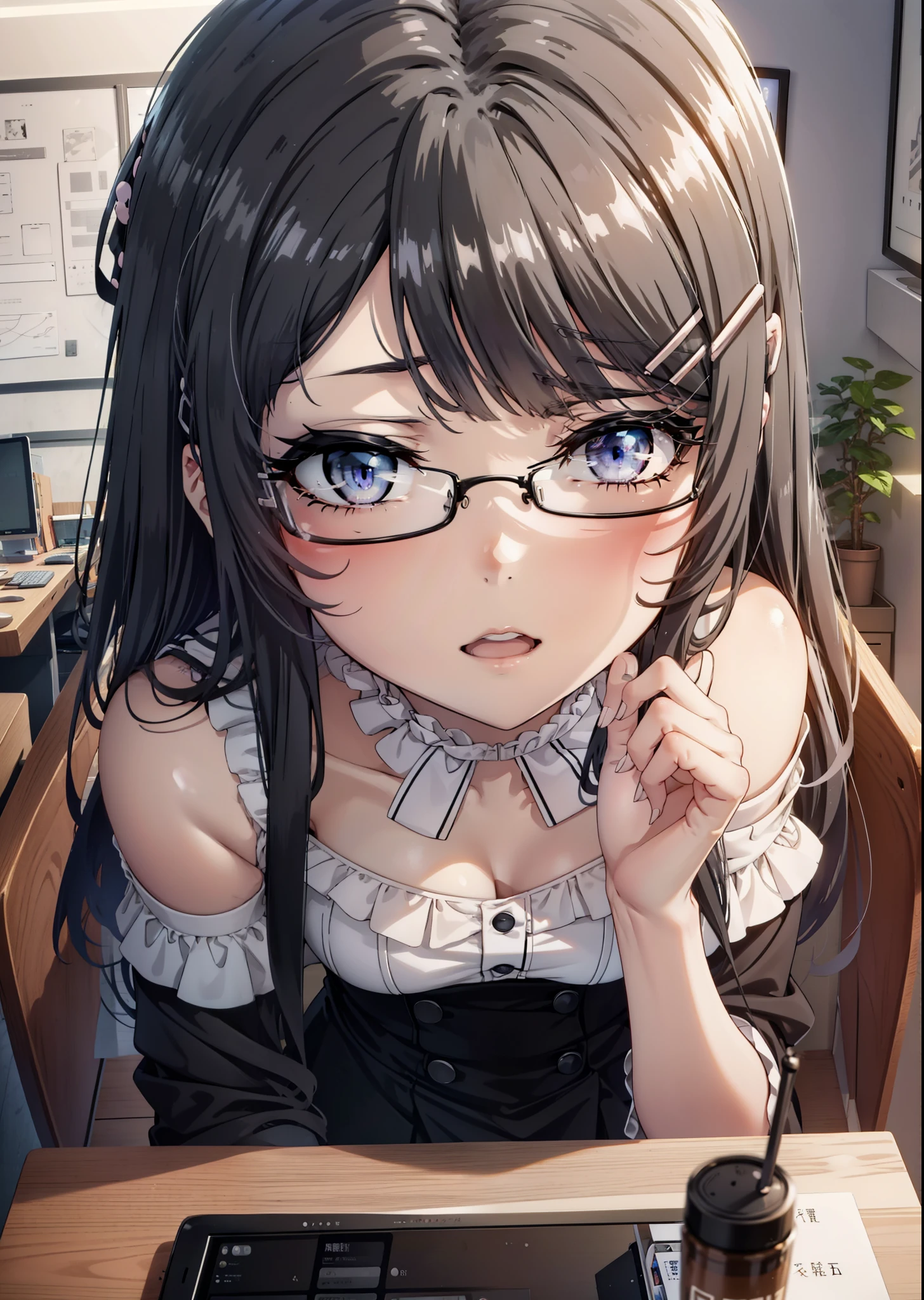 maisakurajima, Mai Sakurajima, Long Hair, bangs, (Black Hair:1.5), hair ornaments, (Purple eyes:1.1), Hair Clip, rabbit hair ornaments,Cold shoulder tops,Long skirt,Stiletto heels,Black-rimmed glasses,happy smile, smile, Open your mouth,walk,whole bodyがイラストに入るように,Daytime,sunny,There is a computer on the table,
break indoors, office,
break looking at viewer, whole body,
break (masterpiece:1.2), highest quality, High resolution, unity 8k wallpaper, (shape:0.8), (Beautiful details:1.6), Highly detailed face, Perfect lighting, Extremely detailed CG, (Perfect hands, Perfect Anatomy),
